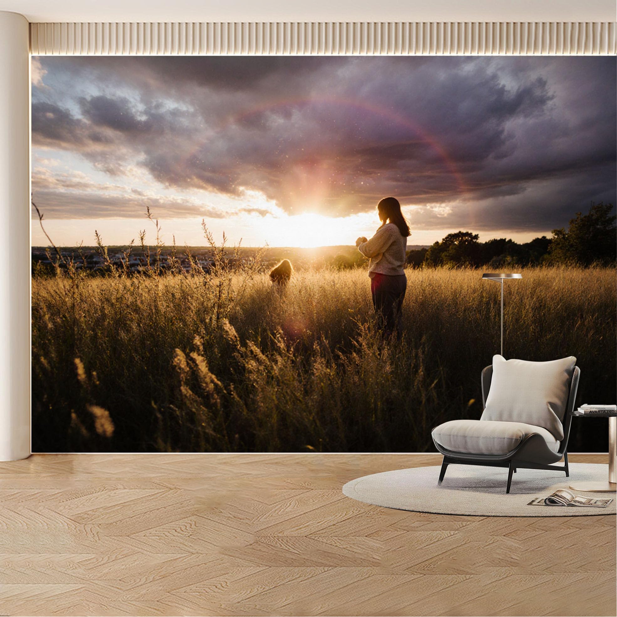 Custom Wall Mural Wallpaper Sunset Meadow Nature Landscape 3D Effect Wall Decor Large Wall Art Romantic Misty Luxury Removable SelfAdhesive Large Photo for Living Room， Bedroom， Office