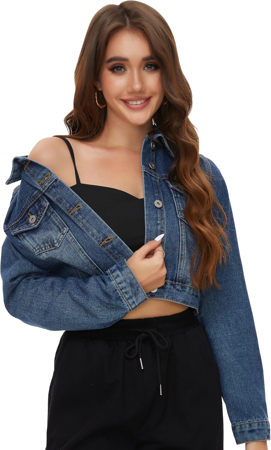 PEIQI Women’s Cropped Jean Denim Jacket Button Down Long Sleeve with Pockets - Image 3