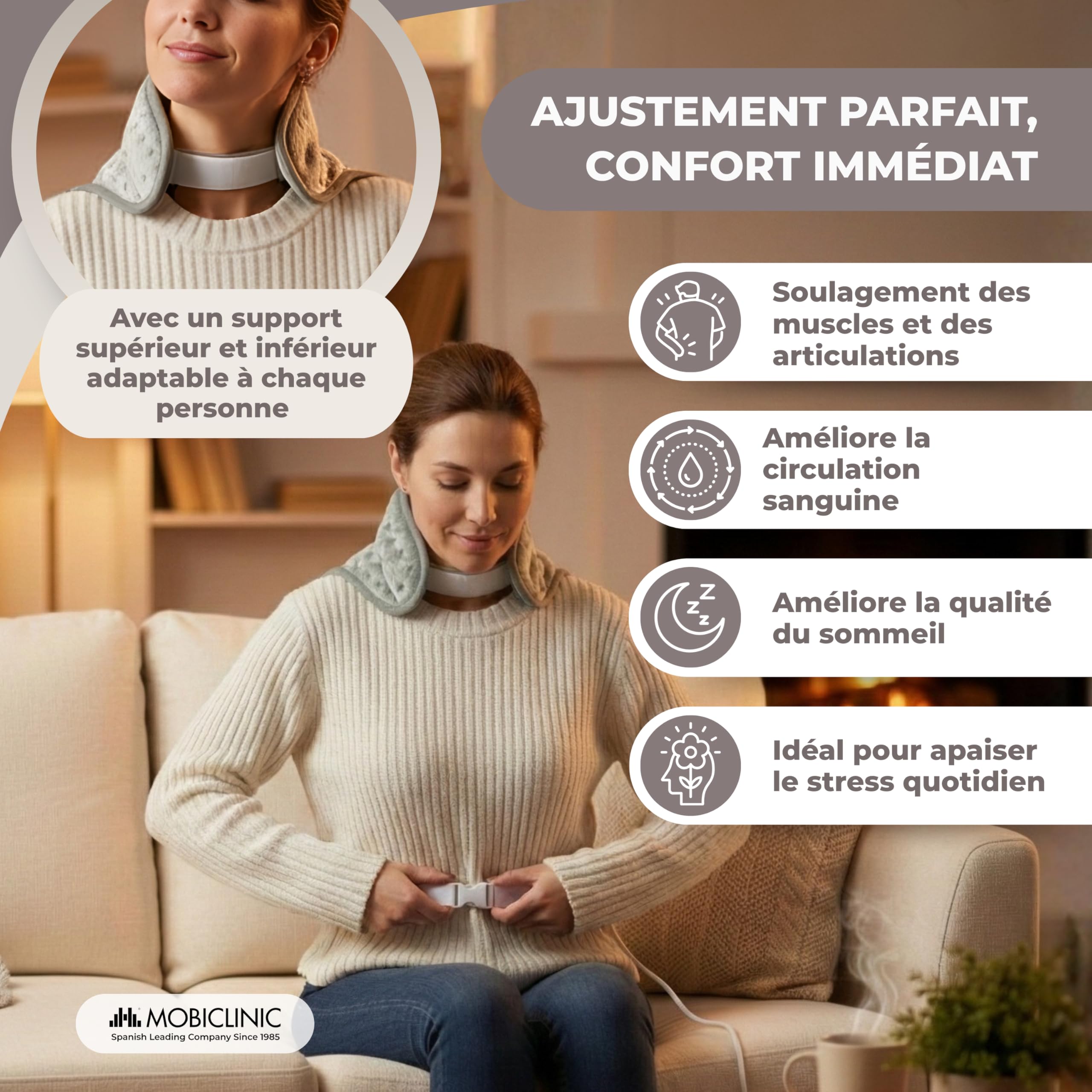 Mobiclinic®, Coussin chauffant pour le dos et la nuque, Très faible consommation, 62x43, Marque européenne, 3 niveaux de chaleur, Arrêt automatique, Lavable, Les lombaires cervicales, Gris