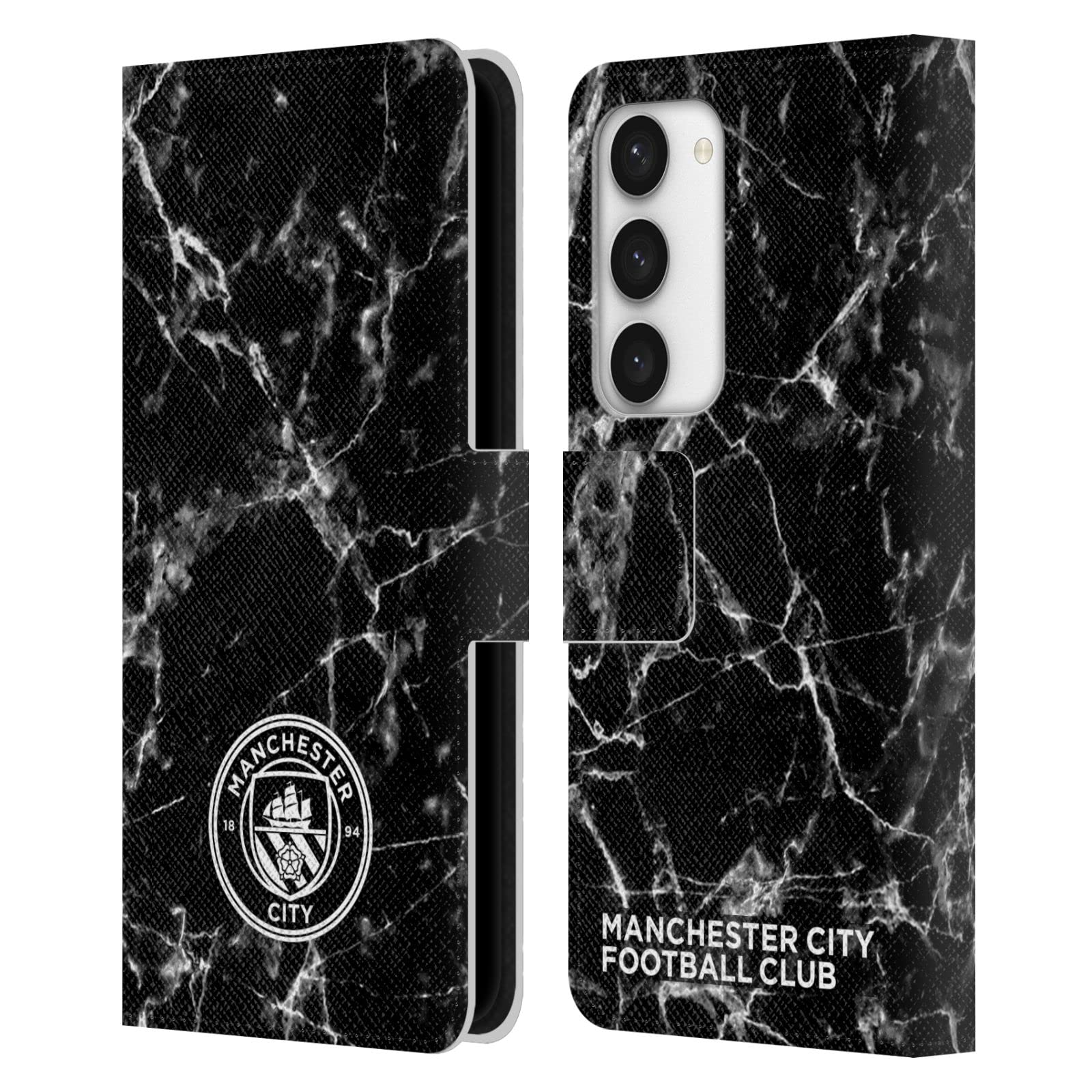 Head Case Designs Officially Licensed Manchester City Man City FC Black White Mono Marble Badge Leather Wallet Case Compatible With Samsung Galaxy S23 5G