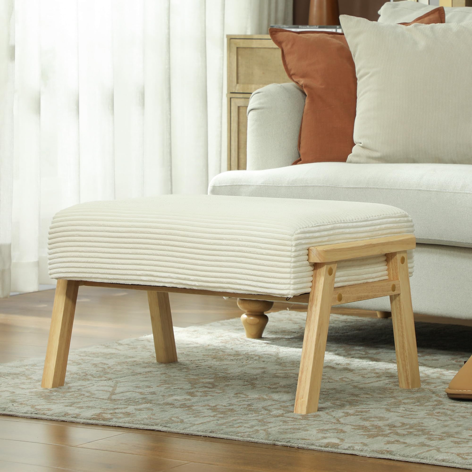 HOMCOM Sitzhocker mit Weichem Sitzkissen Holzbeinen Ottoman Cremeweiß