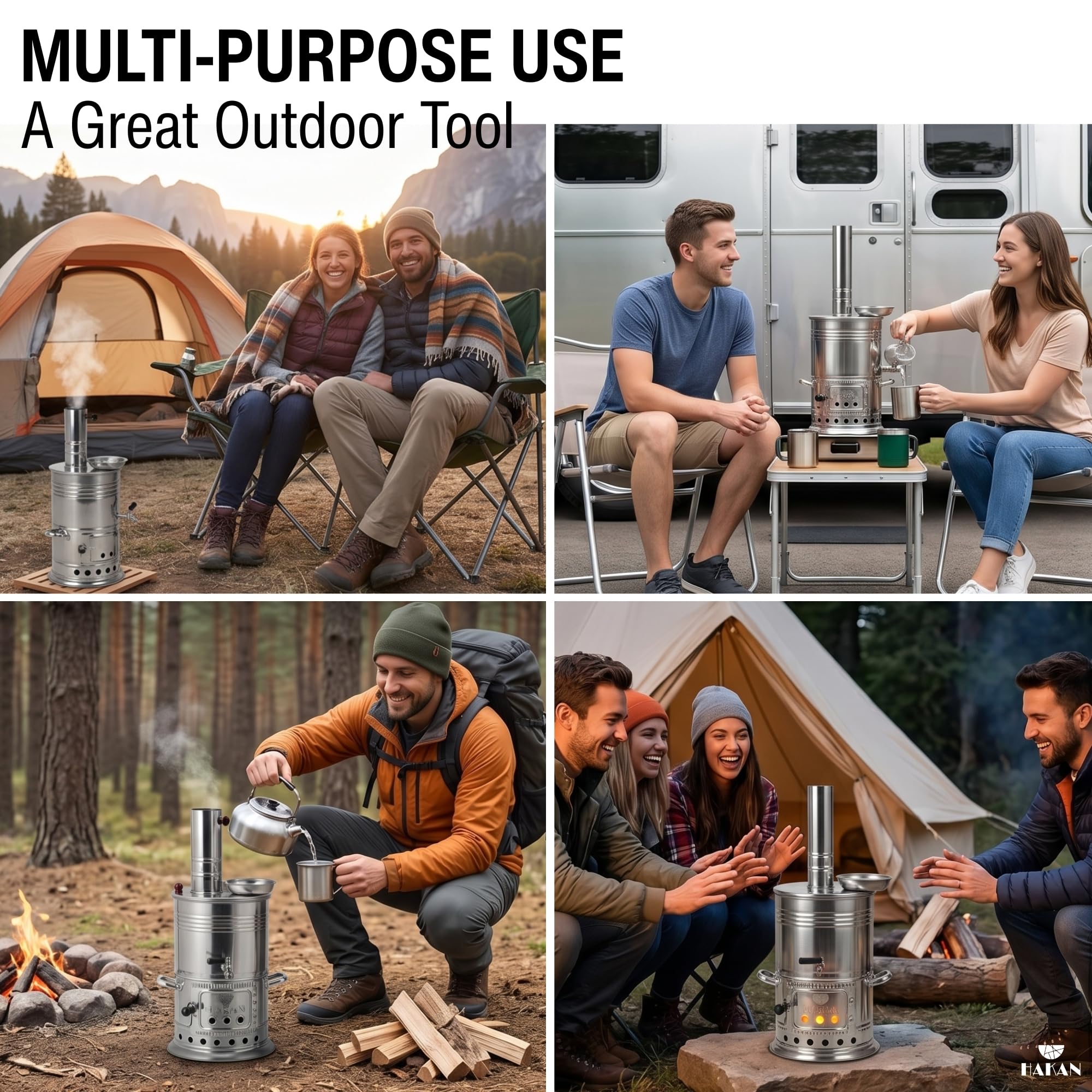 Samovar Bouilloire à thé turque portable camping pour bouilloire à eau et théière au charbon de samovar, pique-nique, chasse, activités de plein air avec poignées noires | 3,8 l