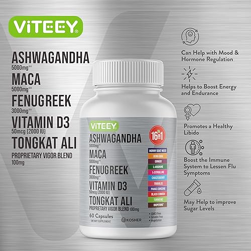 Miniatura 4 de Viteey Ashwagandha Maca Fenogreco Suplemento con Tongkat Ali - Conduce, pasión y apoyo energético para hombres y mujeres - Apoyo al estado de ánimo,