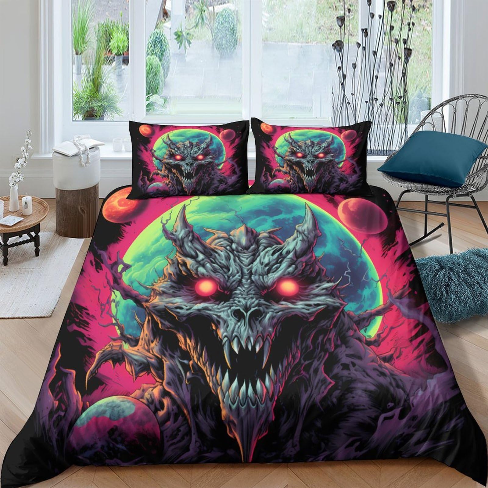 GPLZQXKJNH 3D Printed Horror Skull Duvet Cover Microfiber Soft Breathable Neon Galaxy Bedding Set with 2 Pillowcases for Bedroom Decor Single（135x200cm）
