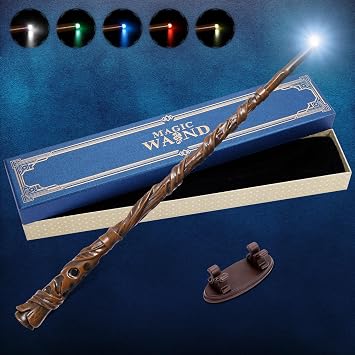 Light Up Magic Wizard Wand with 5 Static Light Colors, Rechargeable Illuminating Resin Witch Wand for Kids Collection Cosplay, with Mini Stand Display, Blossom