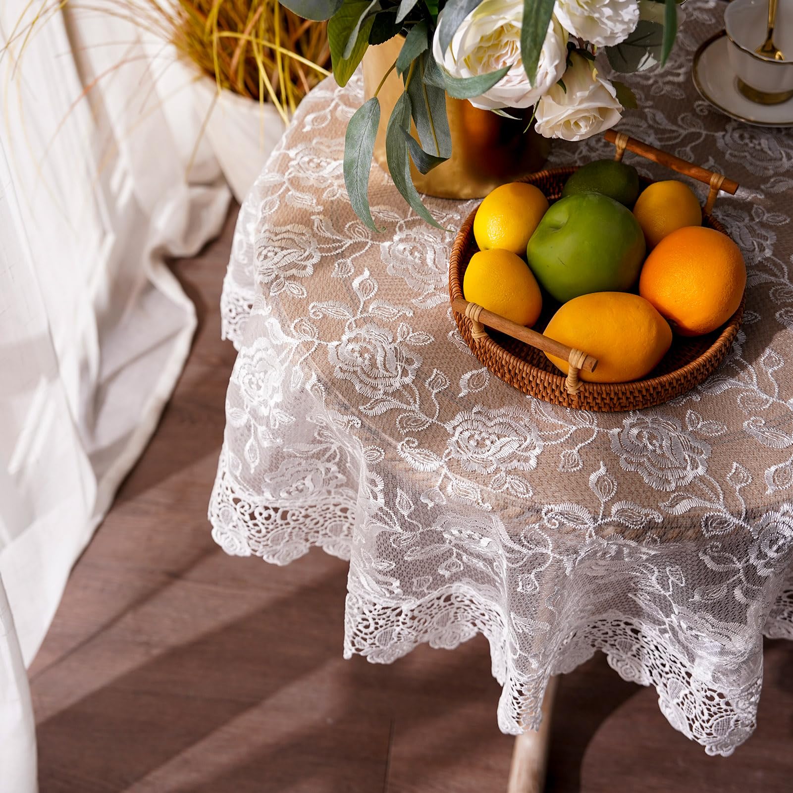 Lace Cloth 35x35 Inch White Lace Tablecloth - Vintage Embroidered Square Table  Cover For Round Tables White Embroidered Table Cover, image size:1601x1601