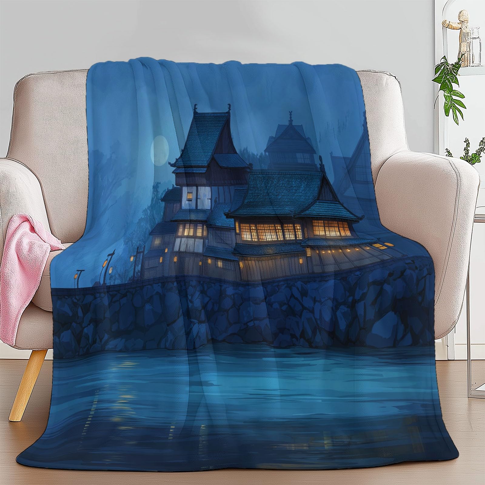 Puszysty granatowy flanelowy koc na sofę, łóżko, krzesło, miękka tradycyjna pościel nocna nad rzeką, 220 x 240 cm, dekoracyjny, ultramiękki koc na łóżko dla dzieci, nastolatków, dorosłych, 220 x 240