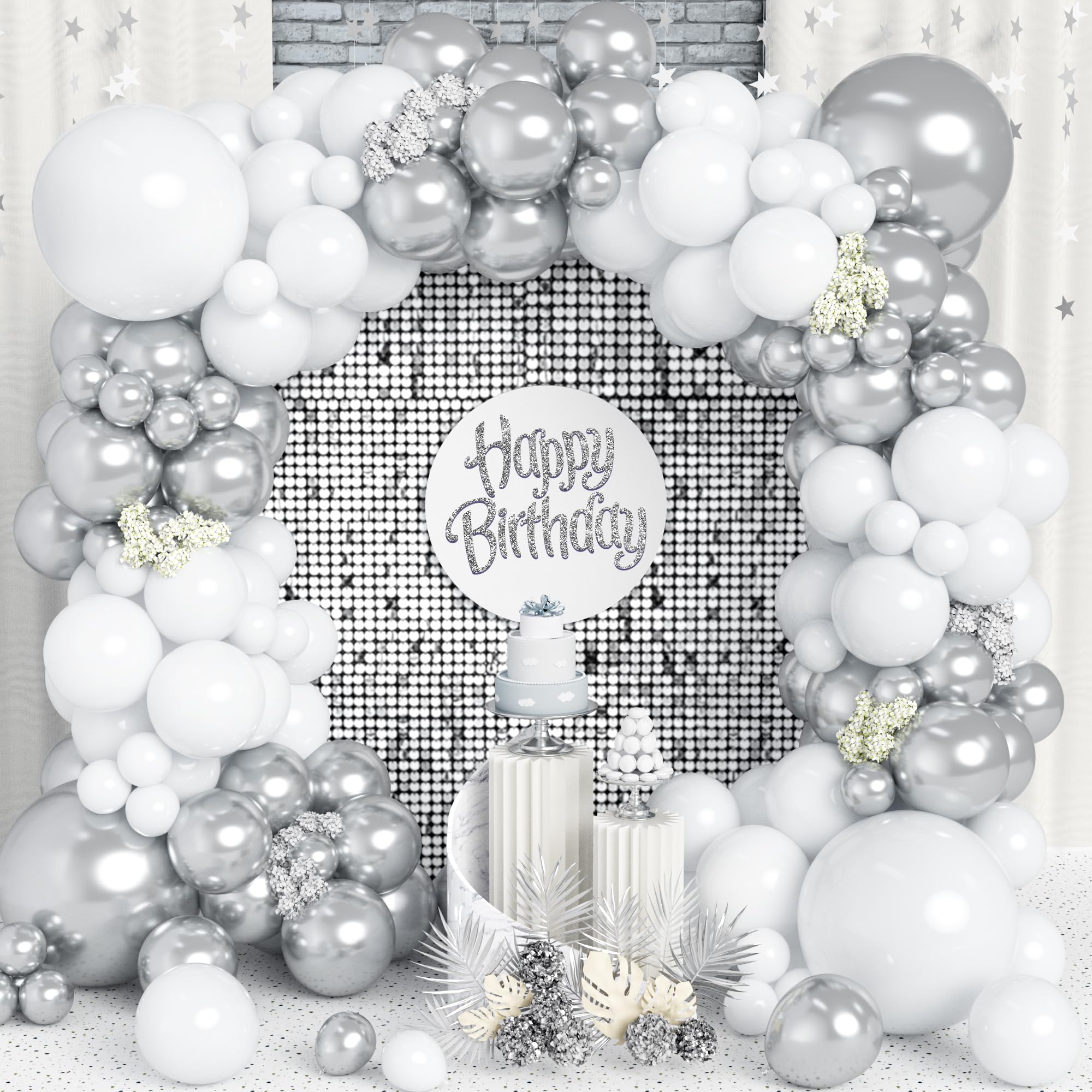 Globos Plata Blanca, 120 Piezas 18/12/10/5 Pulgadas Blanco y Plata Metálico Látex Globo Arco Guirnalda Kit para Boda Novia Ducha Compromiso Aniversario Fiesta de Cumpleaños Decoraciones