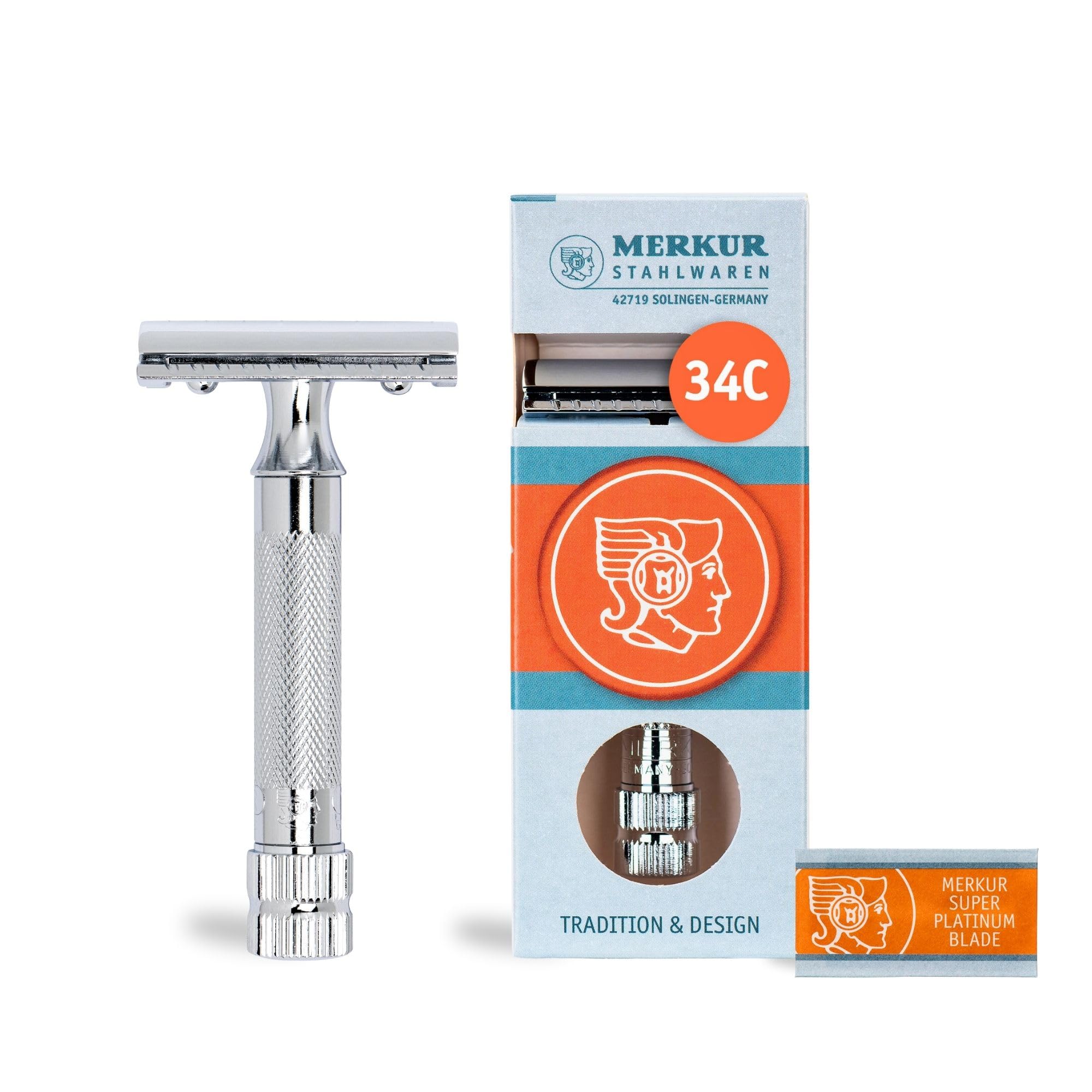 MERKUR 34C Rasoio di sicurezza – Finitura cromata lucida, manico corto e pesante, struttura in due pezzi, pettine chiuso, rasatura sostenibile – Made in Germany