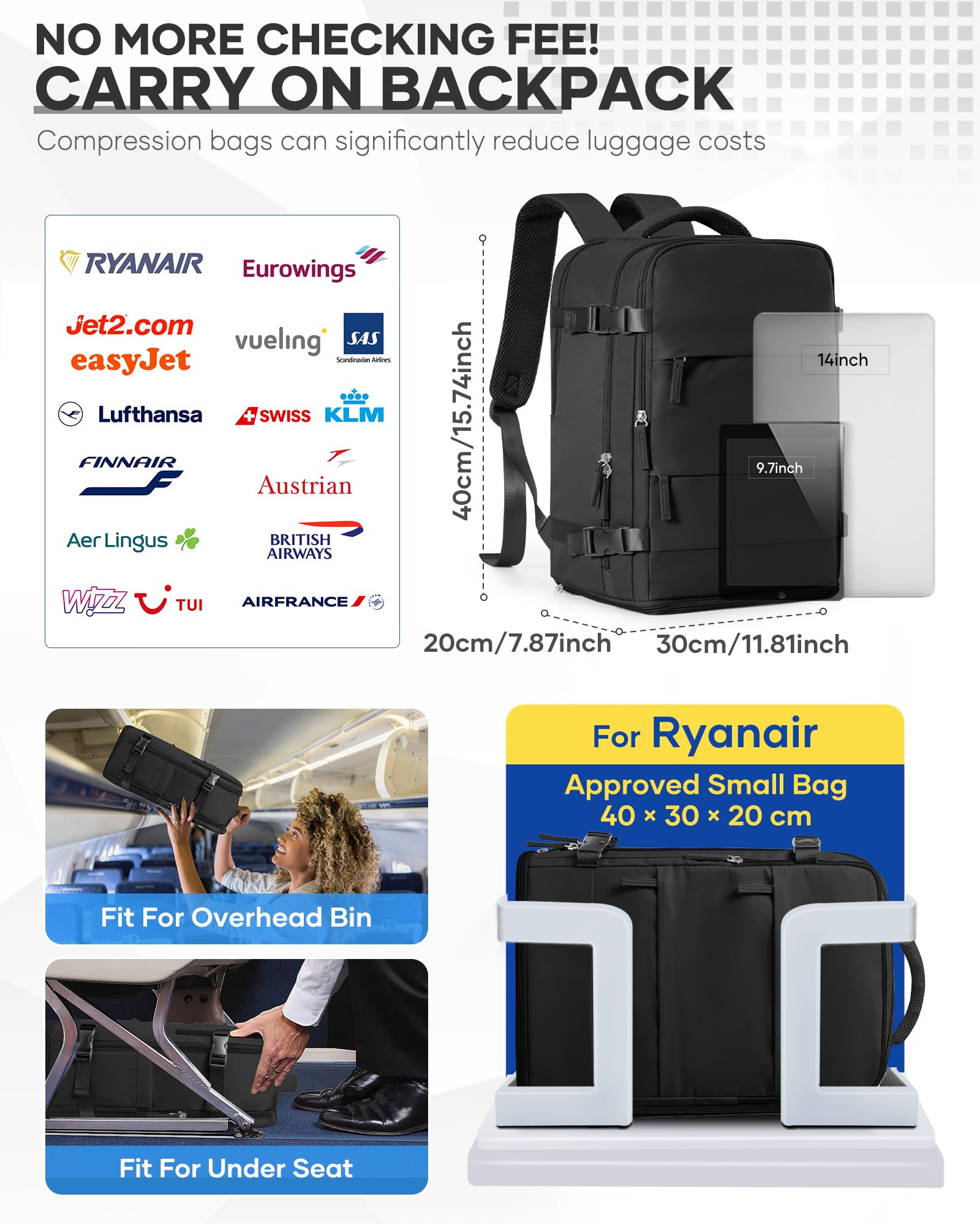 SZSYCN Zaino da Viaggio con Sottovuoto Ryanair 40x30x20 Wizzair Borse da Cabina per Ryanair 40x20x25 Bagaglio a Mano Sottovuoto con pompa,Zaino Casual per Laptop