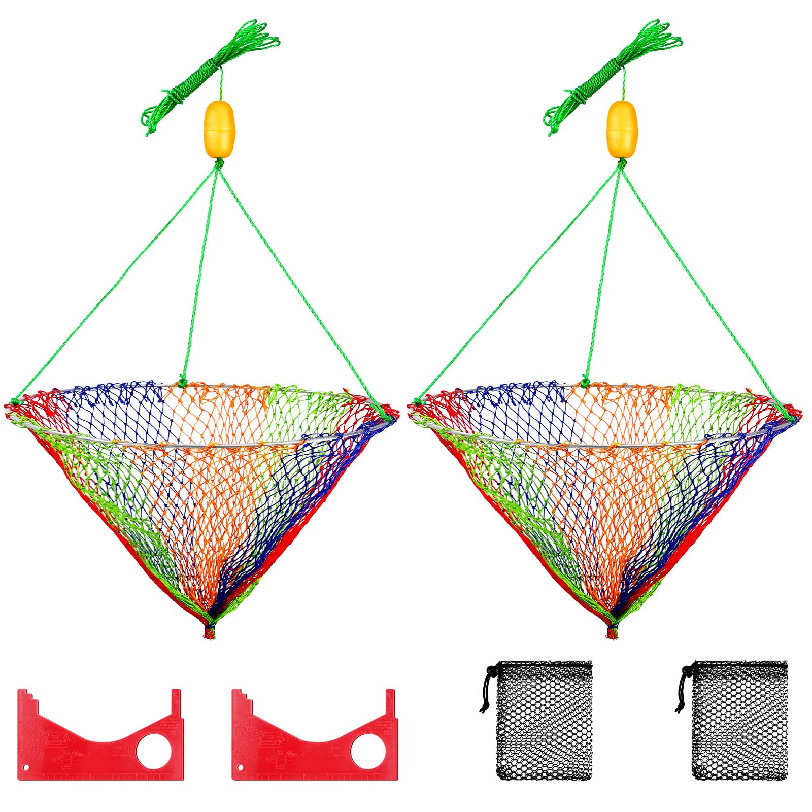GliCraft2 Sets Crab Ring Trap Bait Includes 2 Conical Hoop Crab Net with Adjustable Fishing Marker Floats 2 Bait Bag and 2 Crab Gauge Measure Kit for Fishing Crabbing Lakes Rivers