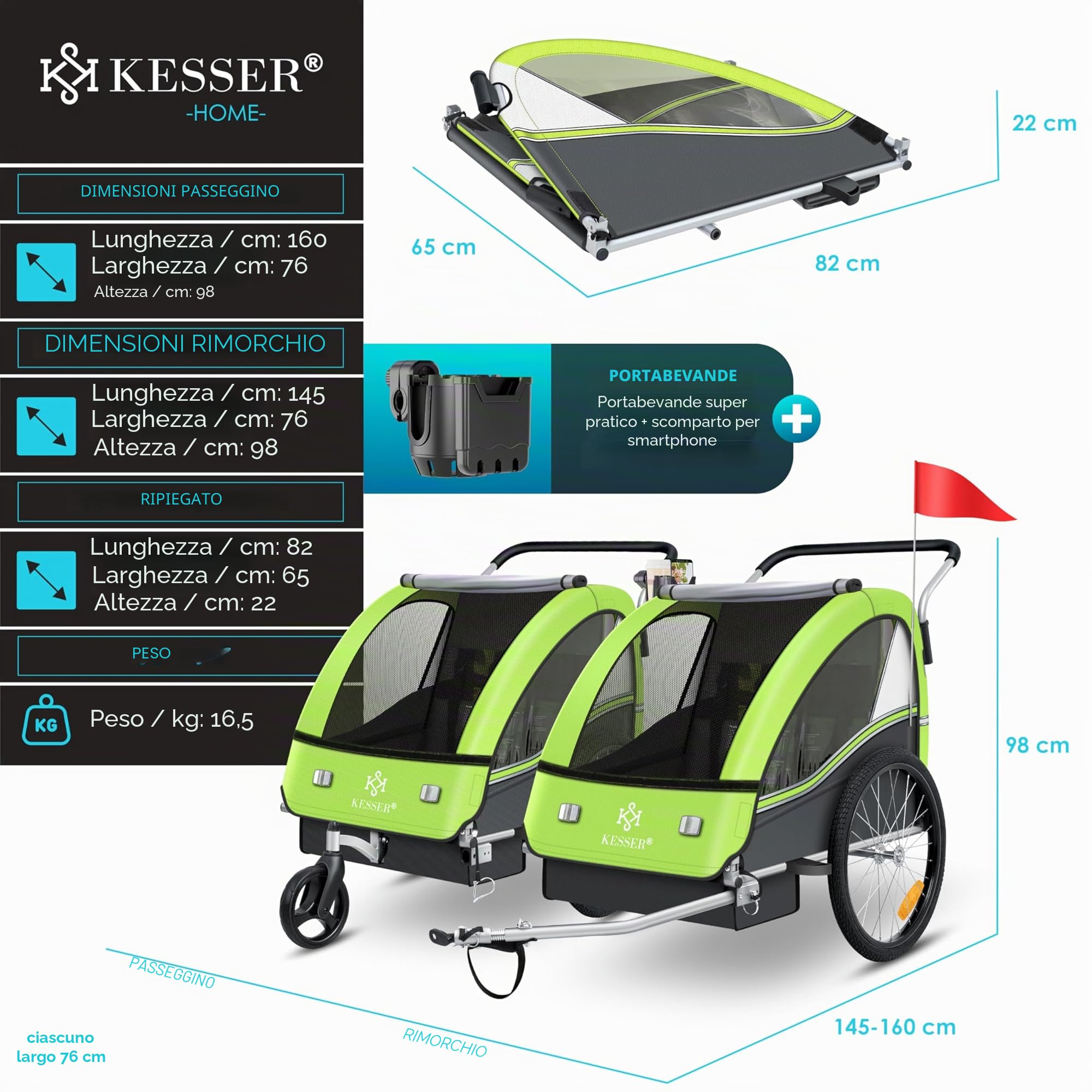 KESSER® Rimorchio per bambini da bicicletta Sport-RX 2 in 1 funzione jogging cintura di sicurezza a 5 punti ruota anteriore girevole 360°