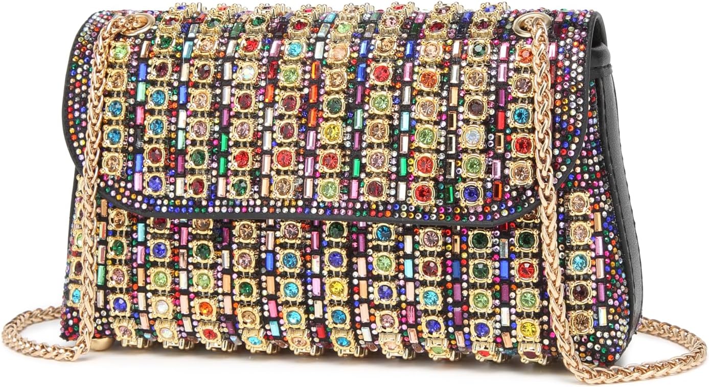 YUWITA Rhinestone Evening Bag with Chain Holiday Party Small Crystal Metallic Clutch Purses for Women
