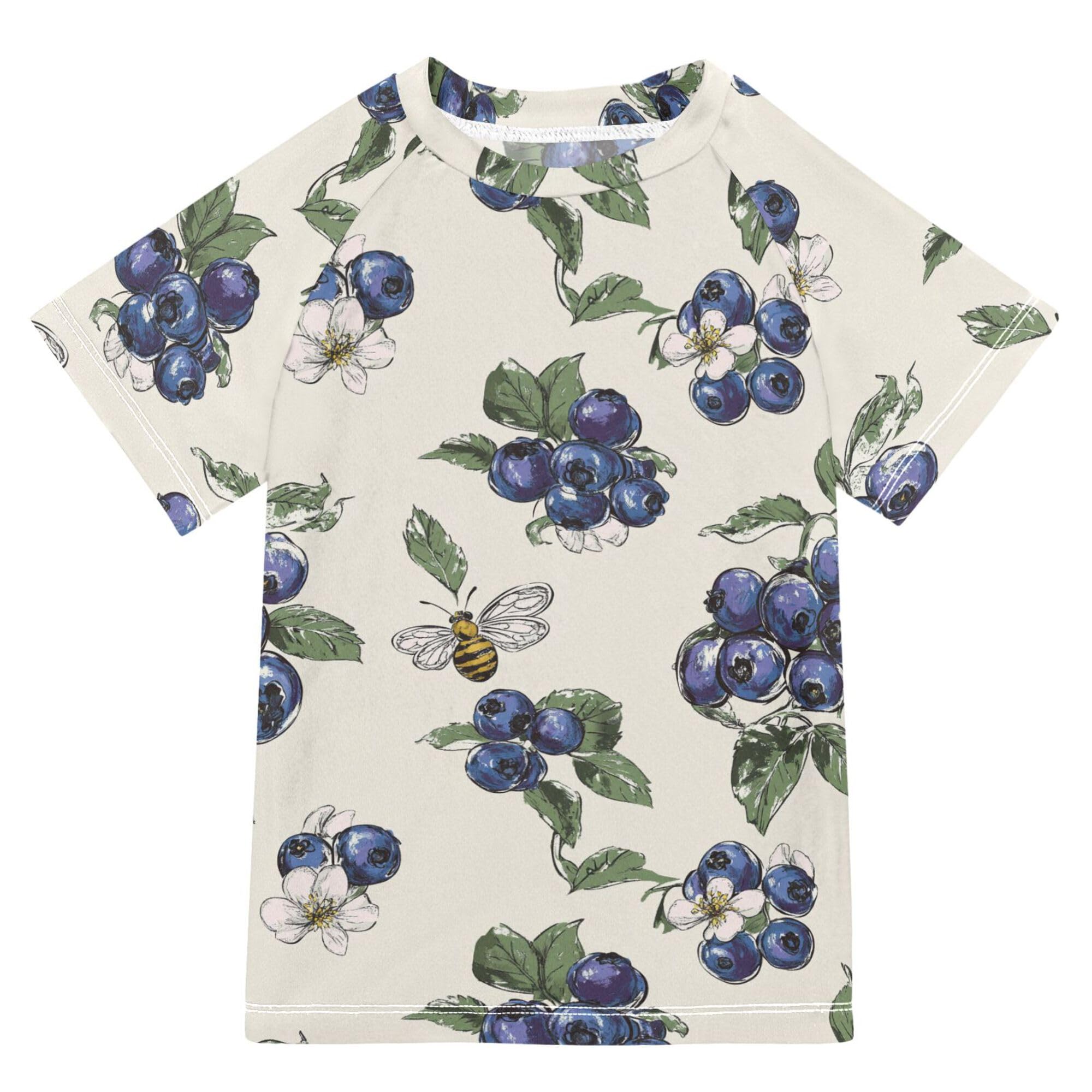 Wudan Art Blueberries Fruit Neutral Kids Bathing Suits Girls UV Protection Girls Rash Guard Swimwears Sports Shirts for Teen Boys 7-8Y