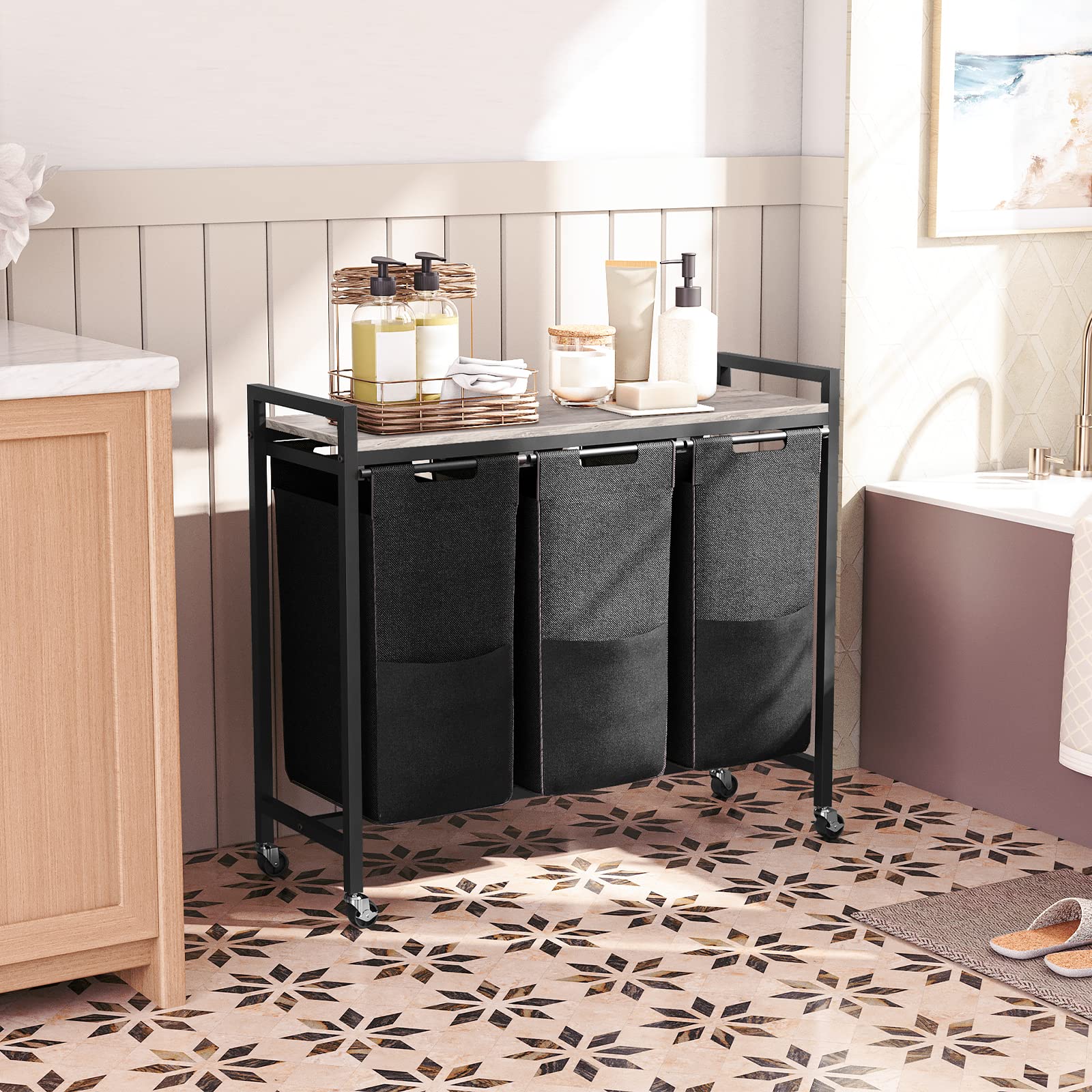 Carrello Porta Biancheria HOOBRO Con Coperchio - Cesto Lavanderia Mobile, Tessuto Oxford, 43.4L, Marrone Vintage/Nero - Foto 10