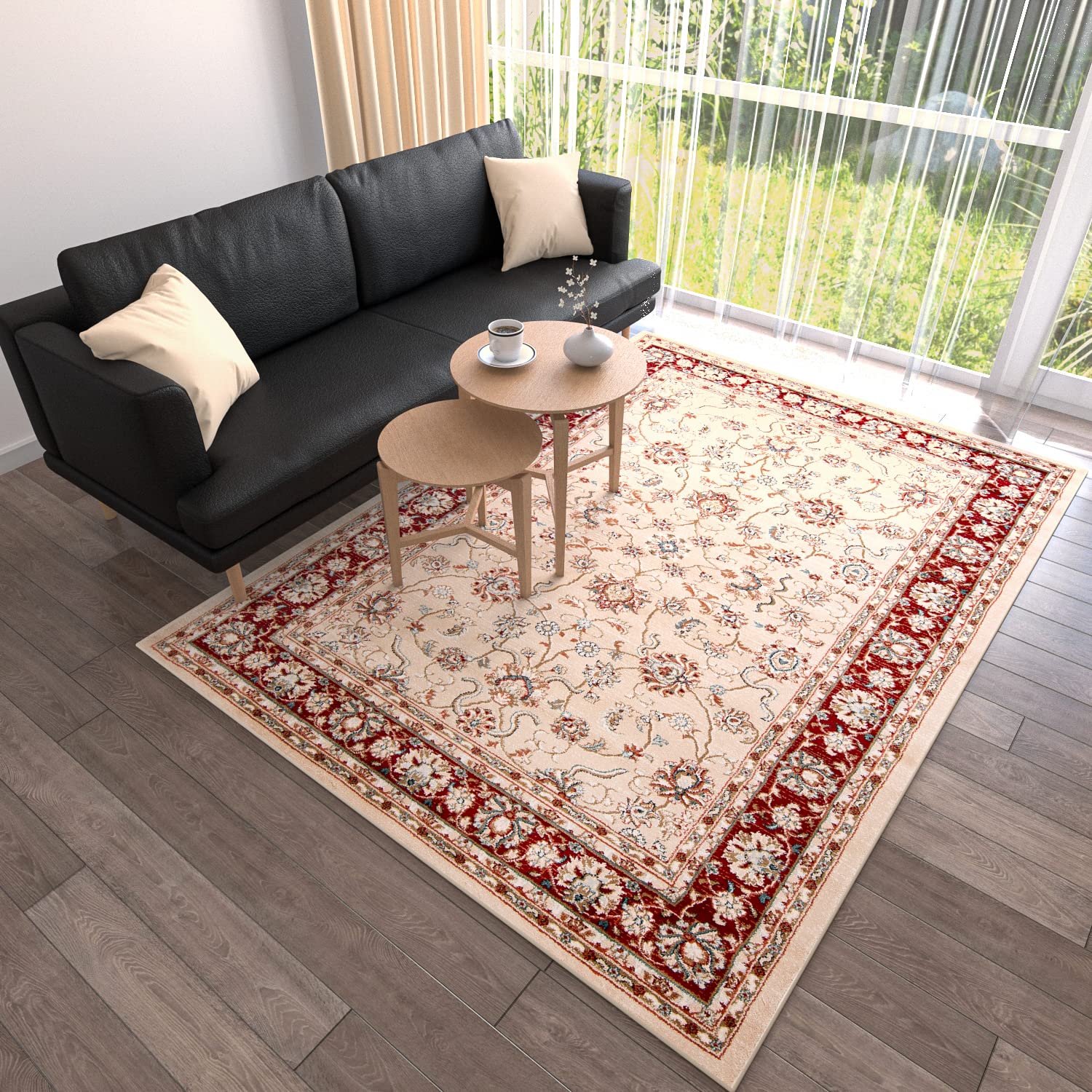 Mazovia Alfombra Oriental - Diseño Oriental de Salón Grande - Pelo Corto - Alfombras de Habitación de Matrimonio, Dormitorio y Comedor - Motivo Oriental - Rojo Beige - 100x150 cm