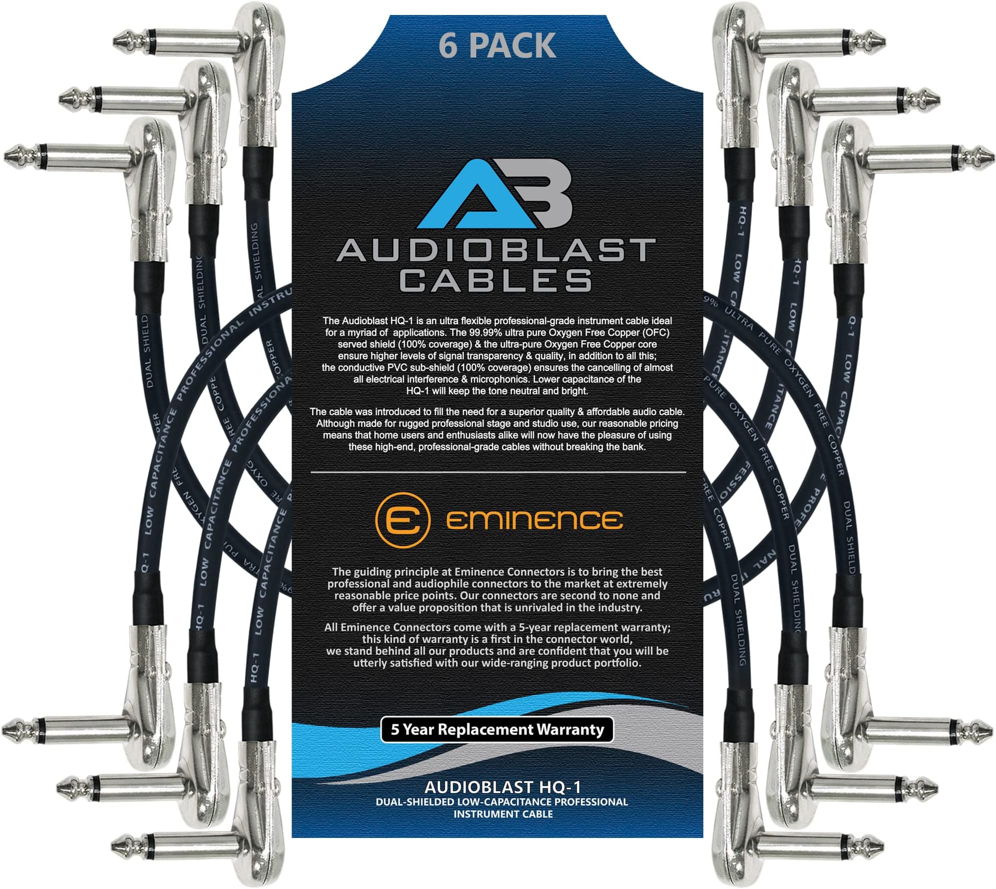 BILSELL 6 Units -Audioblast HQ-1-6 Inch - Ultra Flexible - Instrument Effects Pedal Patch Cable With ¼ inch (6.35mm) Low-Profile, Right Angled Pancake Type TS Connectors