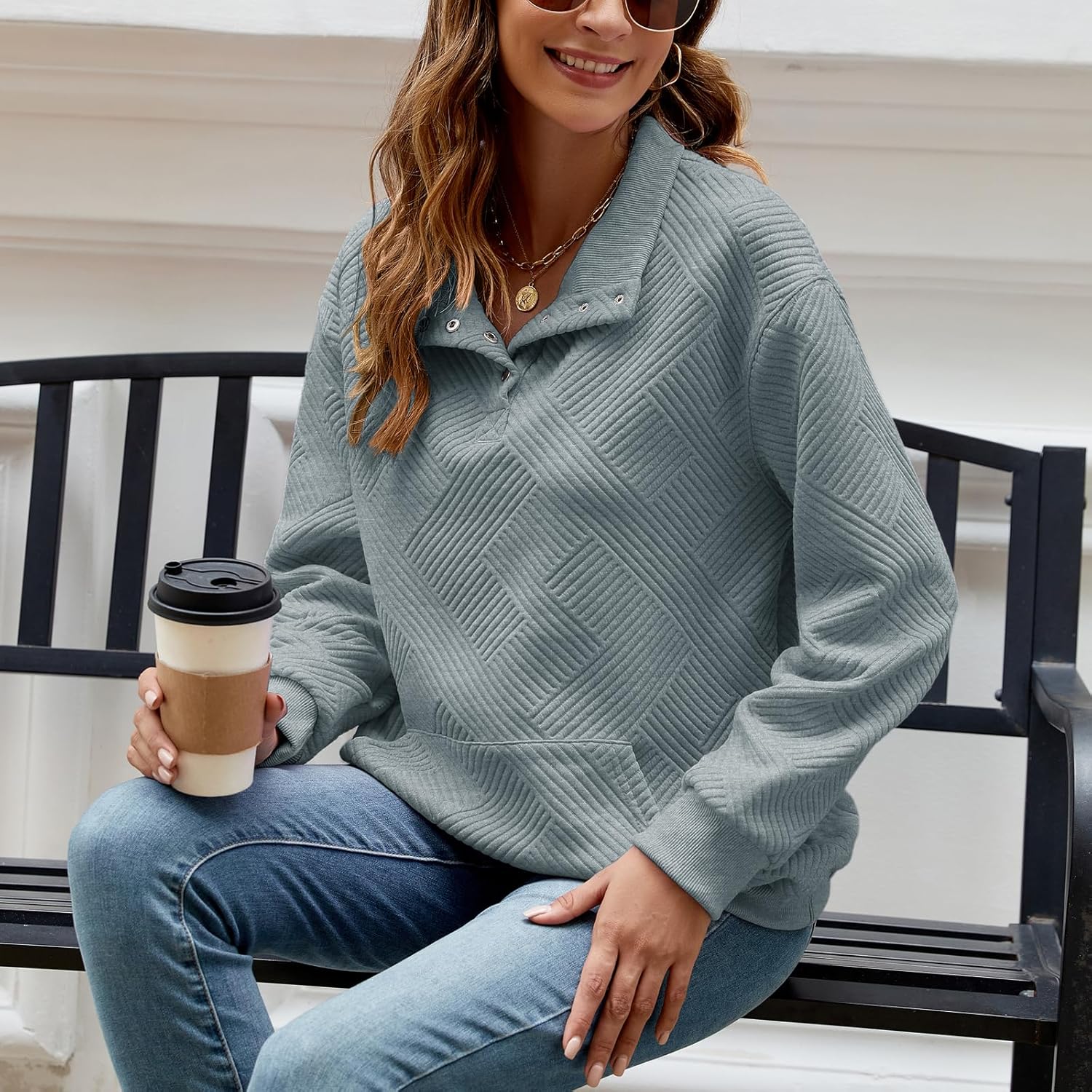 Anbech Women Loose Sweatshirt Lightweight Textured Long Sleeve Pullover Tops Henley Button V Neck Casual Sweatshirts - Image 6