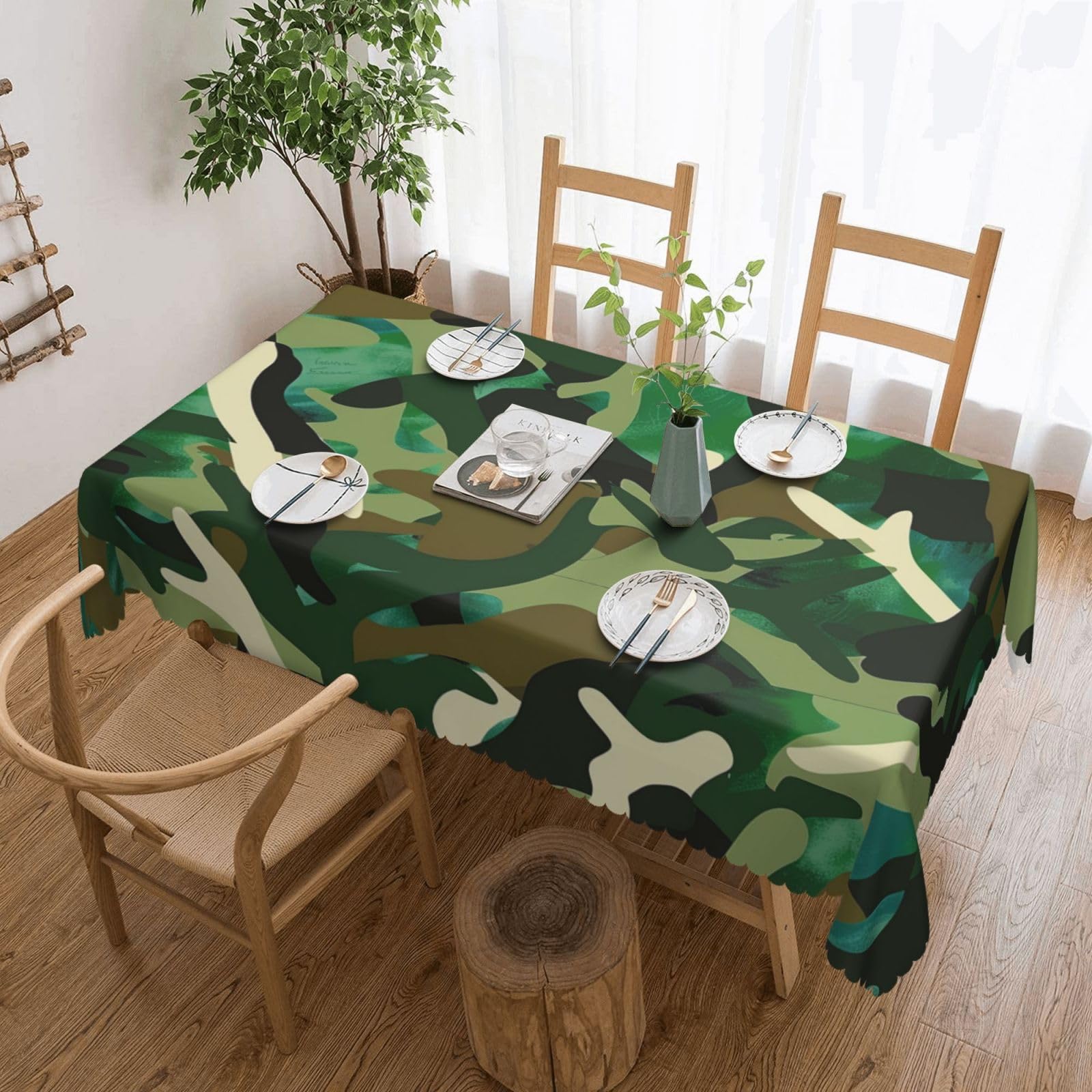 WPKJU Abstract Camouflage Printed Rectangle Tablecloth 72x54 Inch with Lace Trim, Water-Resistant Washable Table Cover for Farmhouse Weddings, Outdoor Picnics & Holiday Dining