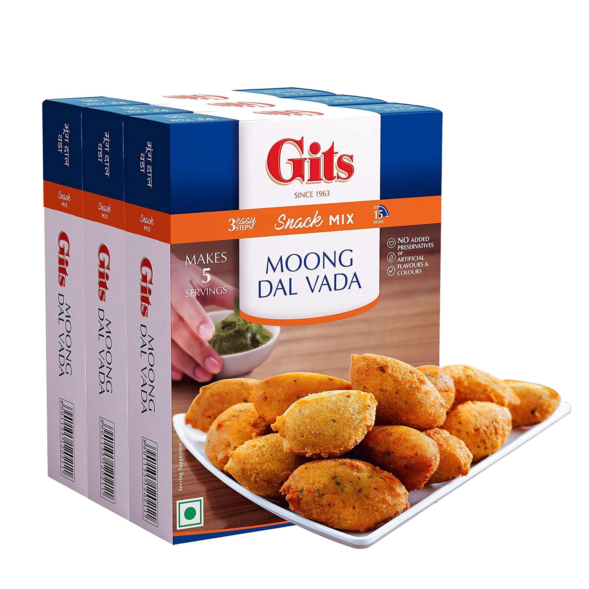 Gits Instant Mix Box - 600gm (Pack of 3 x 200gm) | Ready to Cook Indian Breakfast/Lunch/Dinner/Snack Meal | No Artificial Colors, Flavors, Preservatives, 100% Vegetarian, Easy Recipe (Moong Dal Vada)