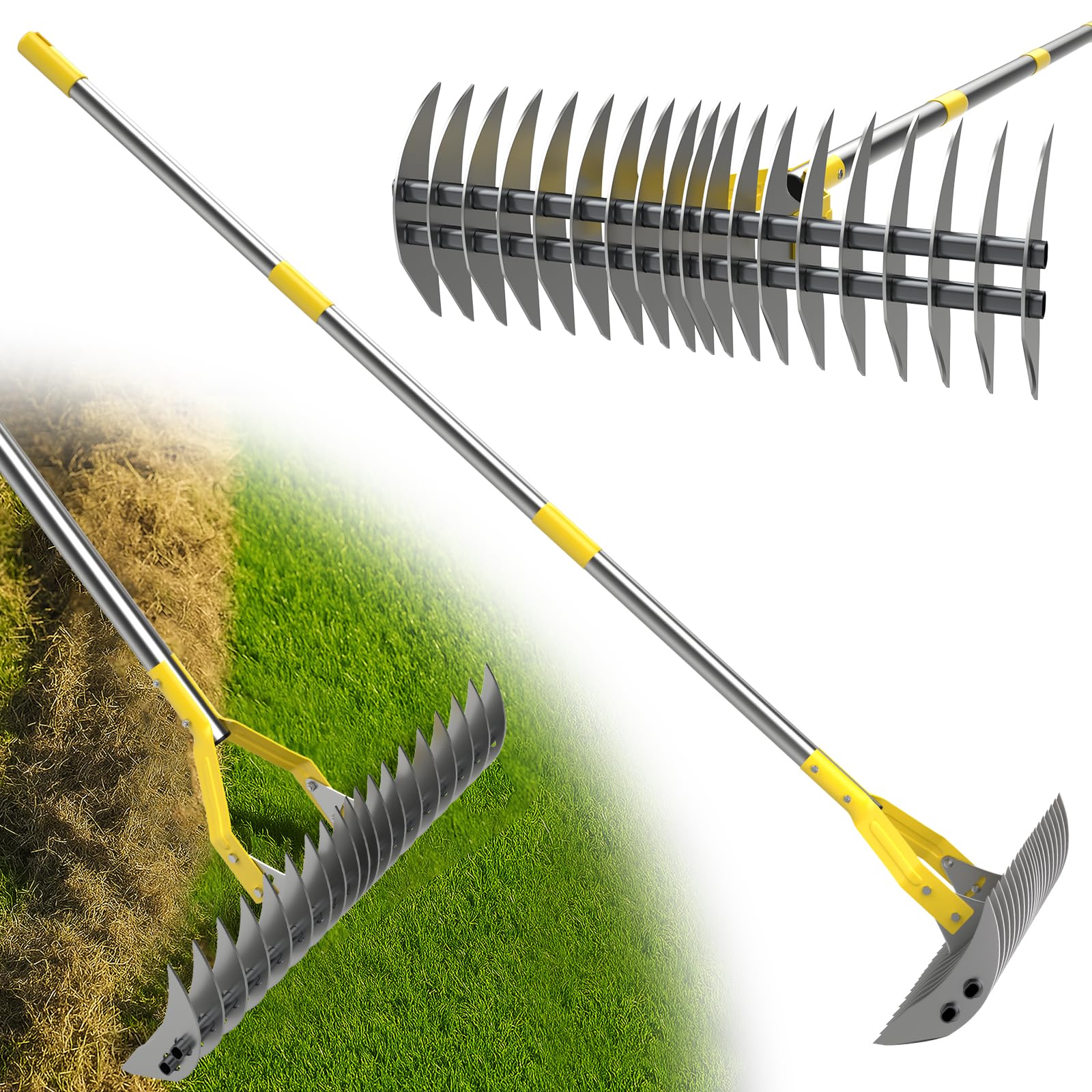 Rechen, 140cm Robuster Rechen zur Beseitigung von Moos und Rasenfilz mit scharfer Klinge für die Entfernung von Totem Gras, für Hof, Garten, Rasen/Silber