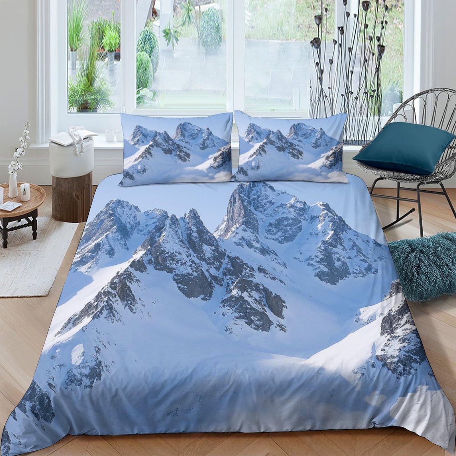 Ctjqhvkz Style-5 3D Printed Mountain Landscape Fitted Sheet Microfiber Soft Blue Snowy Peak Bed Cover For Bedroom Guest Room Decor Protection Single（135X200cm）