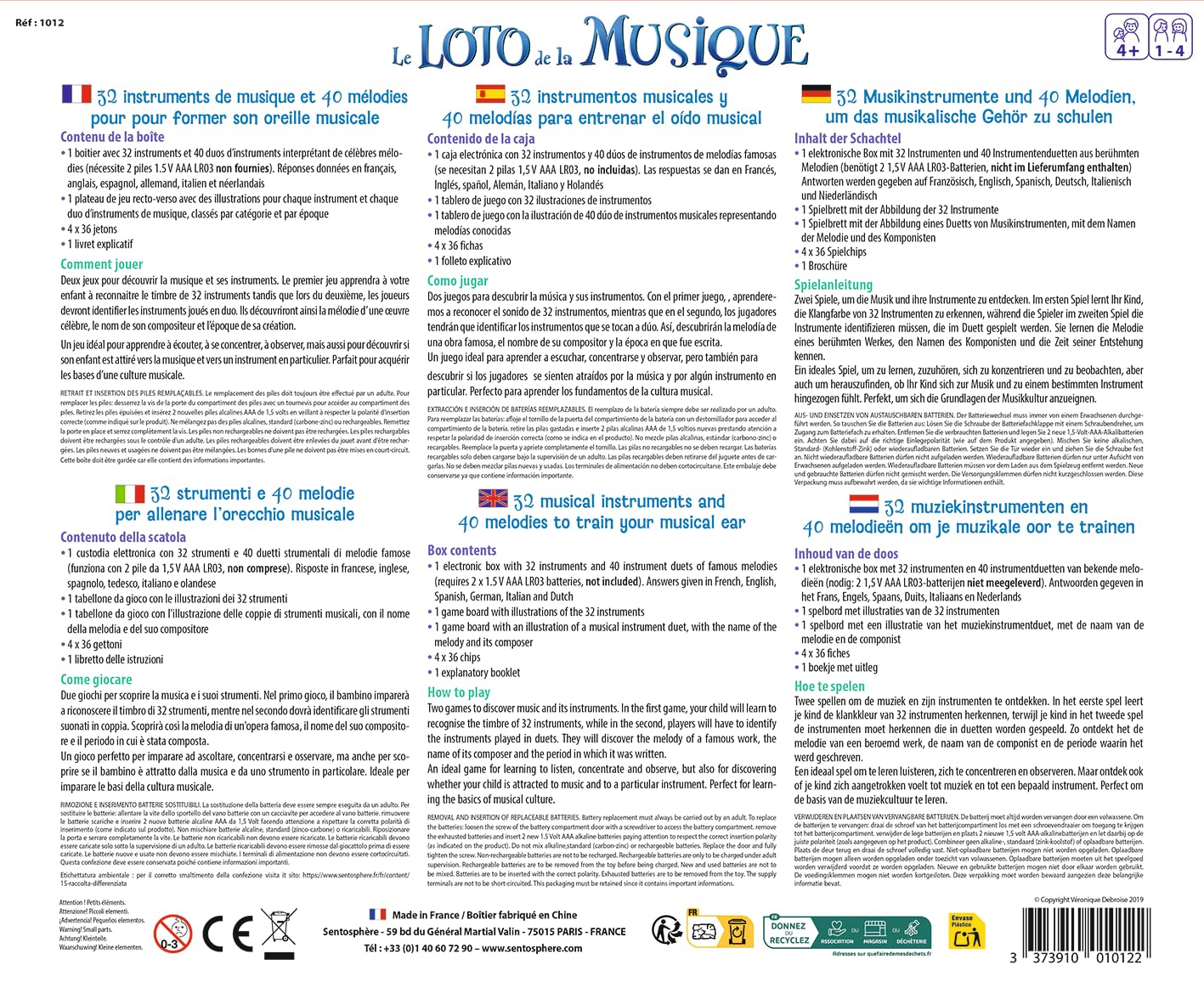 Sentosphère- Le Loto de la Musique - Jeu Sensoriel - Un boîtier de 32 Instruments pour découvrir/enrichir sa Culture Musicale - A partir de 4 Ans - Fabriqué en France - 1012