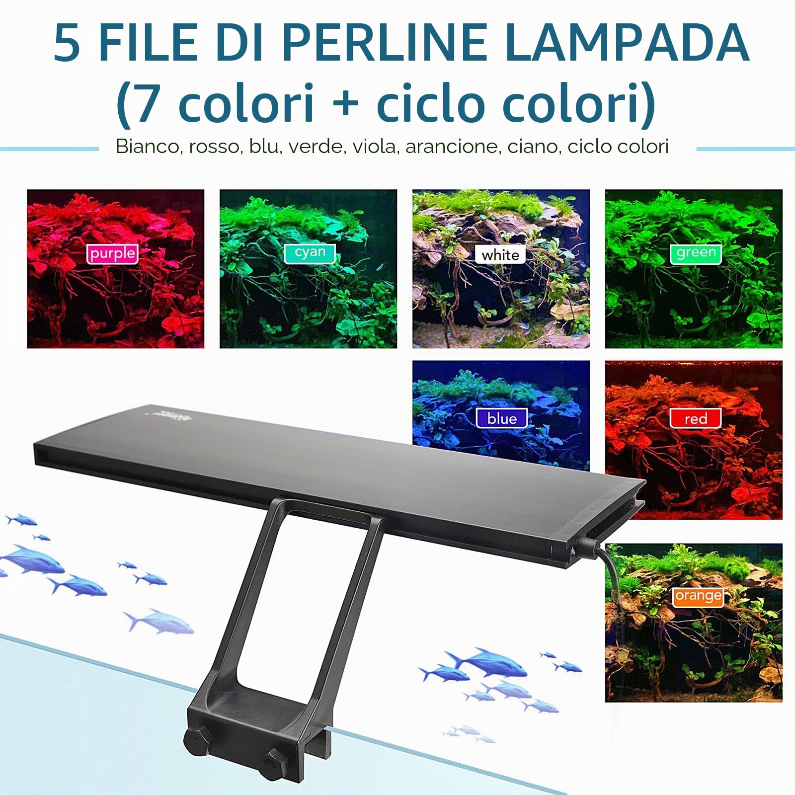 hygger Illuminazione Acquario a Spettro 24/7 Luce LED Regolabile per Acquario, 14 W Spectrum Led Light con 7 colori, Modalità multiple, Timer Luminosità Regolabile
