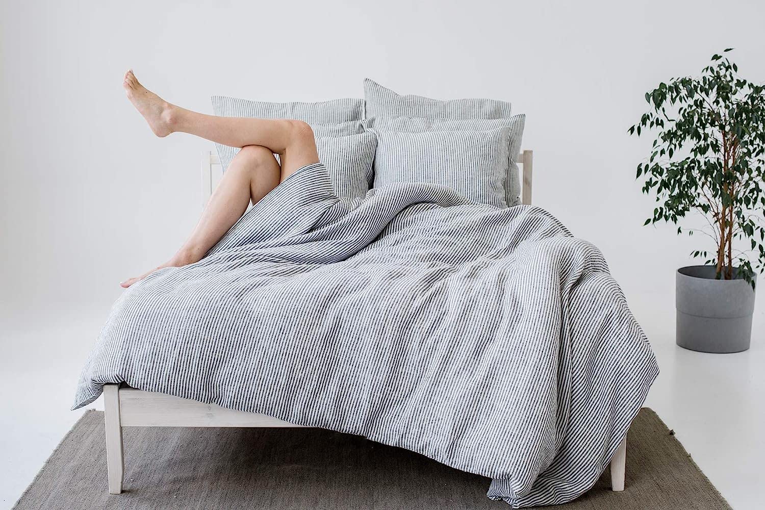 My Linen Home | Parure de Lit - 100% Lin Lavé | 1 Housse de Couette 200x200 avec Fermeture éclair | 2 Taies Oreiller 50x70 avec Fermeture à Revers | Linge de Lit et Oreillers | à Rayures