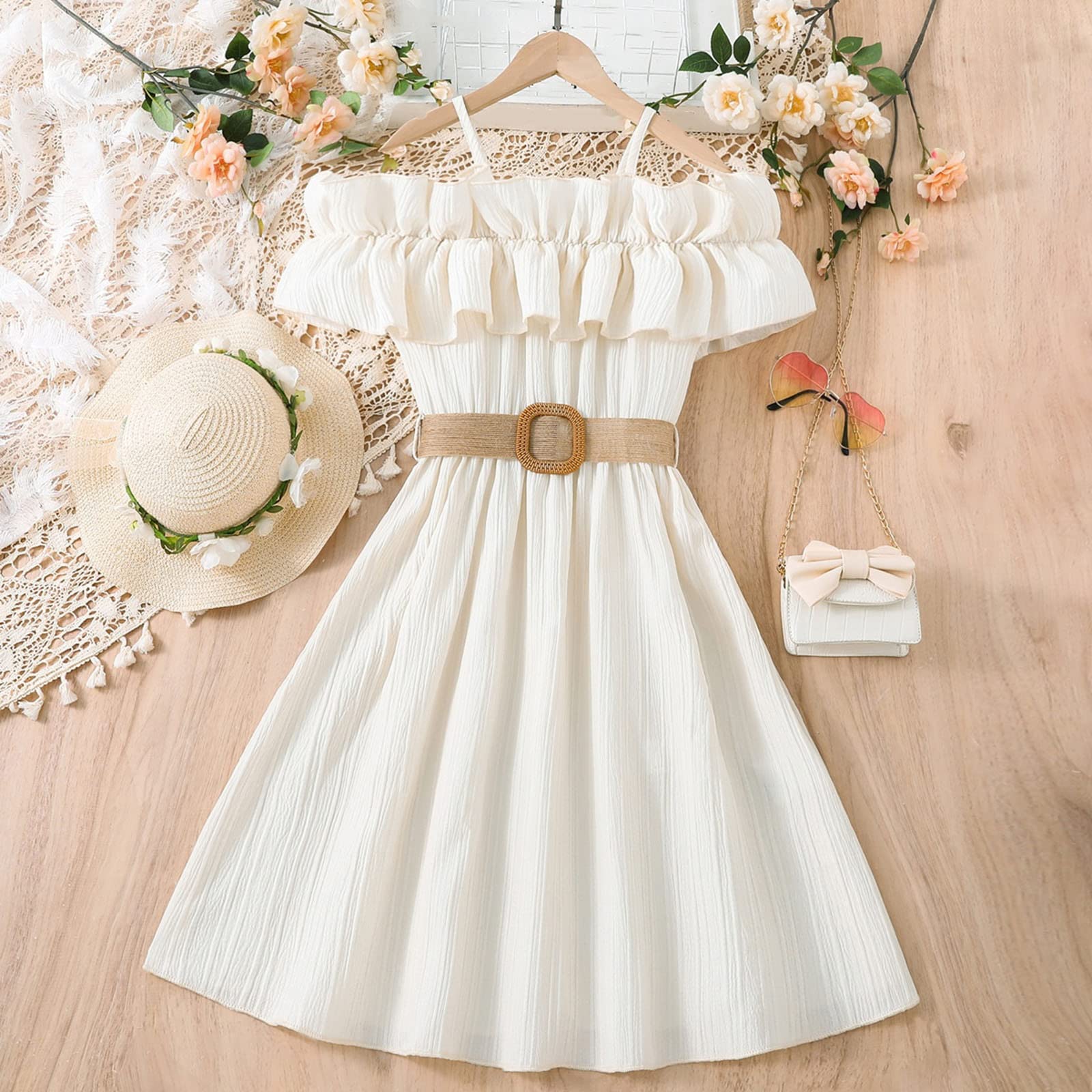 Vestito estivo da ragazza, con spalline sottili, spalle scoperte, boho, prendisole per bambini, casual, vacanze, spiaggia, maniche, volant, linea svasata, abito midi