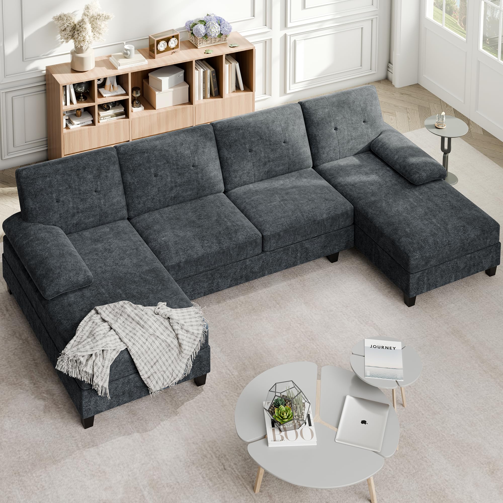 Shintenchi U-Shaped Sectional Couches for Living Room 4 Seat Sofa with Double Chaise Lounges Solid Wood Frame Sectional