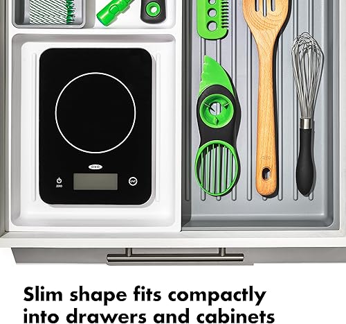 Miniatura 4 de OXO Good Grips - Báscula de cristal para alimentos de 11 libras/11.0 lbs y raspador y picador de acero inoxidable, color plateado y negro