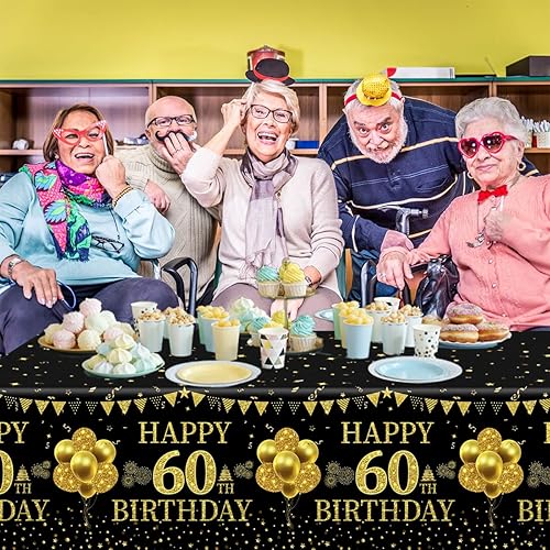Miniatura 3 de Pymurod 3 manteles de plástico para cumpleaños de 60 años, color negro y dorado, mantel rectangular desechable para fiesta de cumpleaños de 60 años,