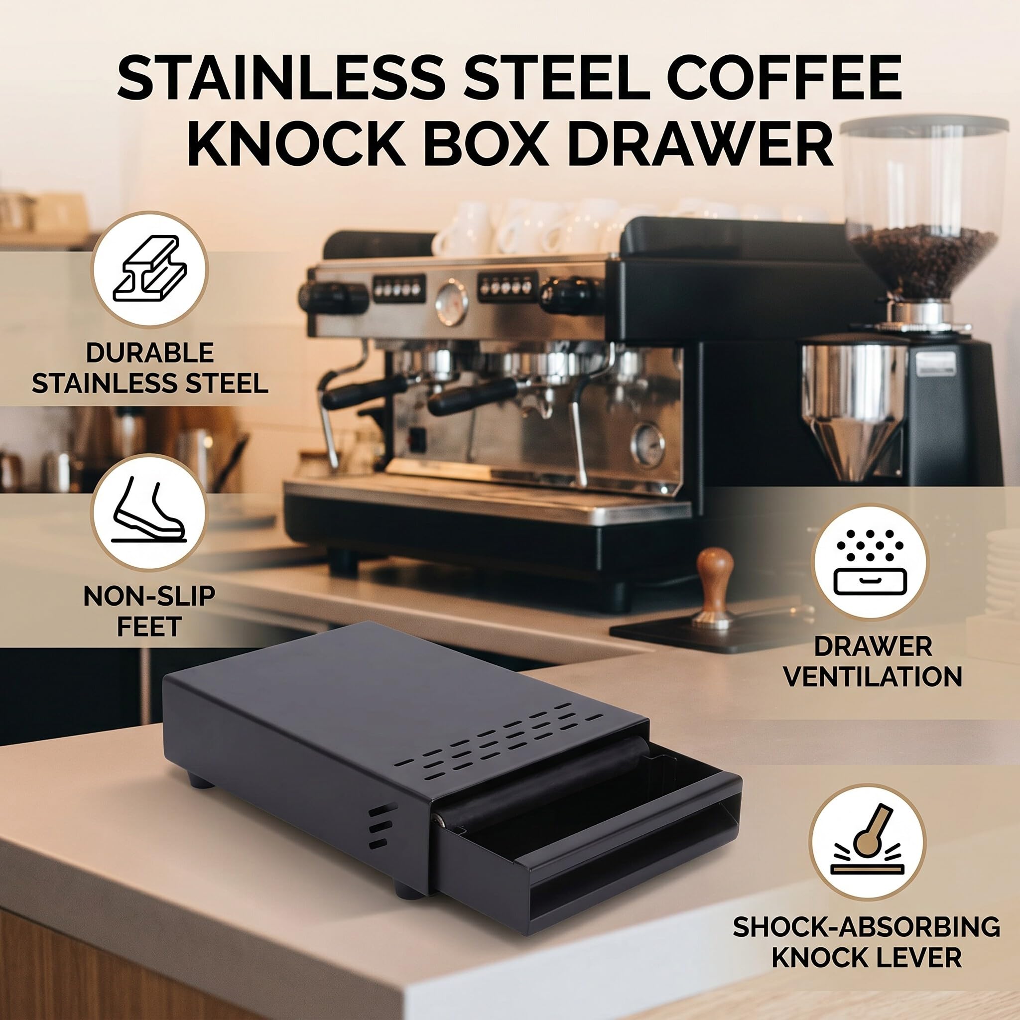Yosoo Health Gear Szuflada do pukania kawy, szuflada do pukania espresso, pojemnik na fusy kawowe ze stali nierdzewnej do sklepu domowego, pojemnik na fusy kawowe, pudełko do pukania espresso (czarny)