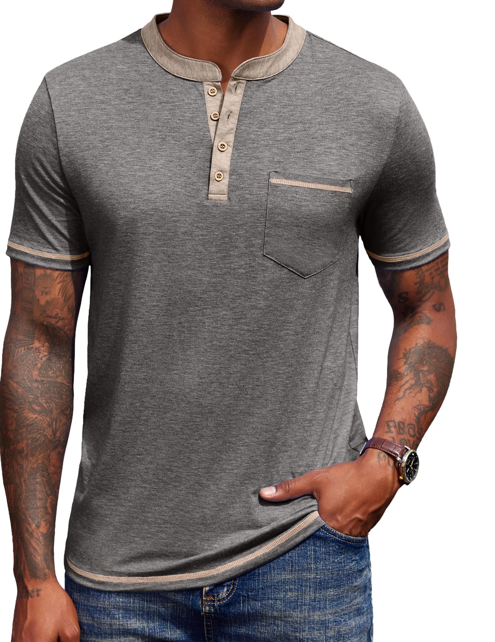 COOFANDY Henley Shirt Herren Kurzarm Sommer Tshirt mit Tasche Basic Oberteile Knopf T-Shirts V Ausschnitt für Männer