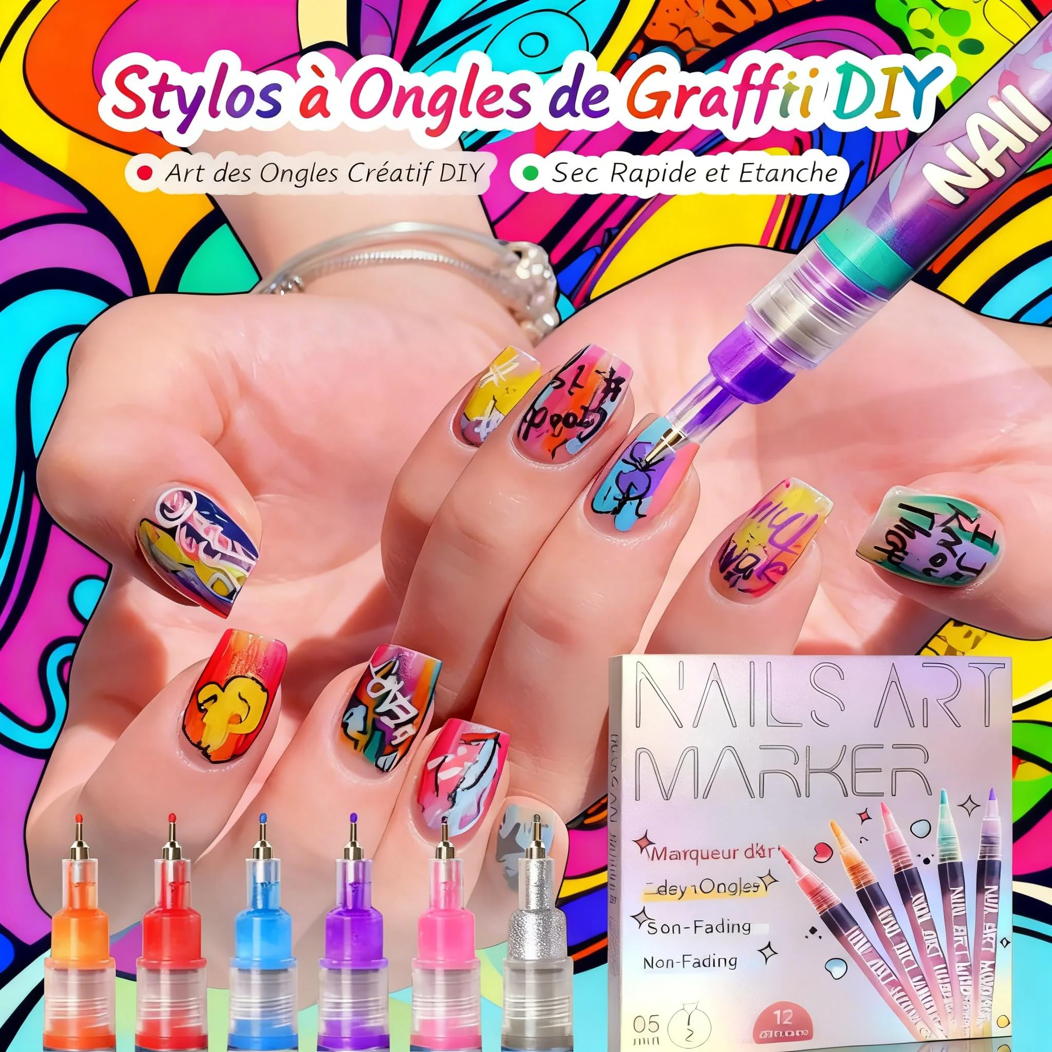 Stylo 3D Nail Art Professionnel - Kit de 12 Feutres Vernis à Ongles avec Pointe Métallique Fine 0.5mm, pour deco ongle nail art, Graffiti (12 Couleurs)