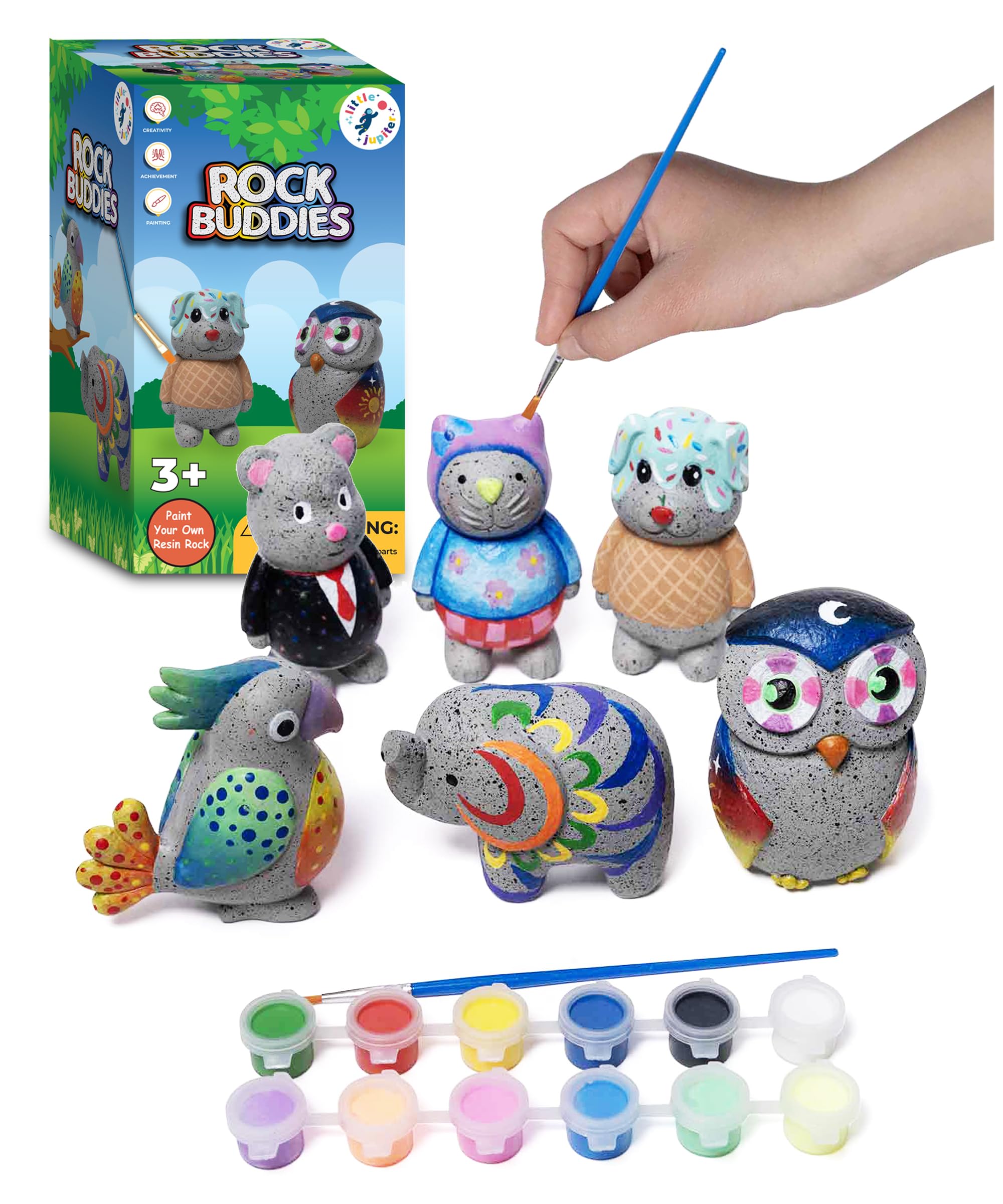 Figuras de animales de material similar a la piedra con forma de resina de Rock Buddies, ideales para manualidades para niños de 3 a 12 años. Manualidades de pintura para niños completas con 6 proyectos, pinceles y actividades para niños.