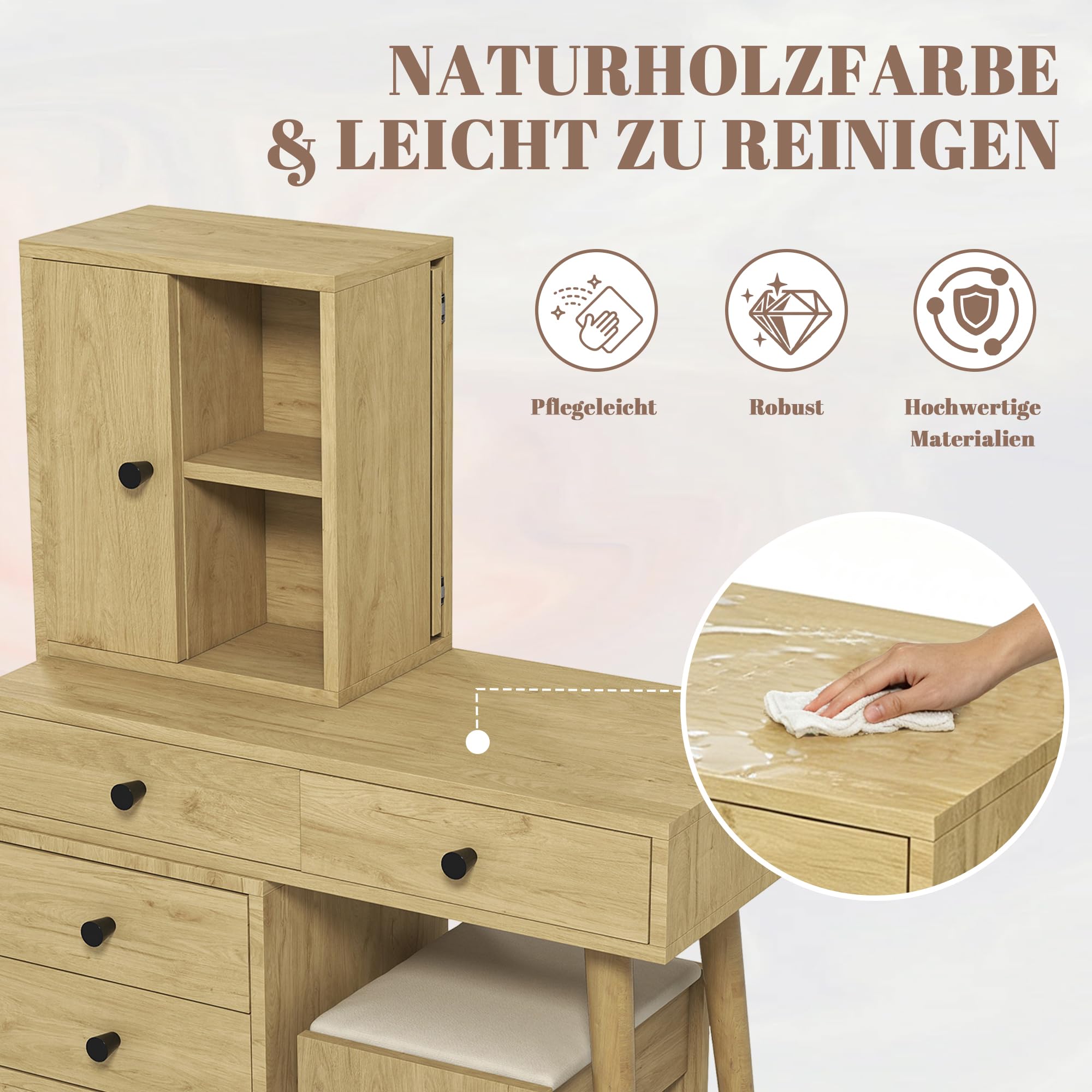 Kleiner Schminktisch mit versenkbarem Spiegel, Hocker und 5 Schubladen