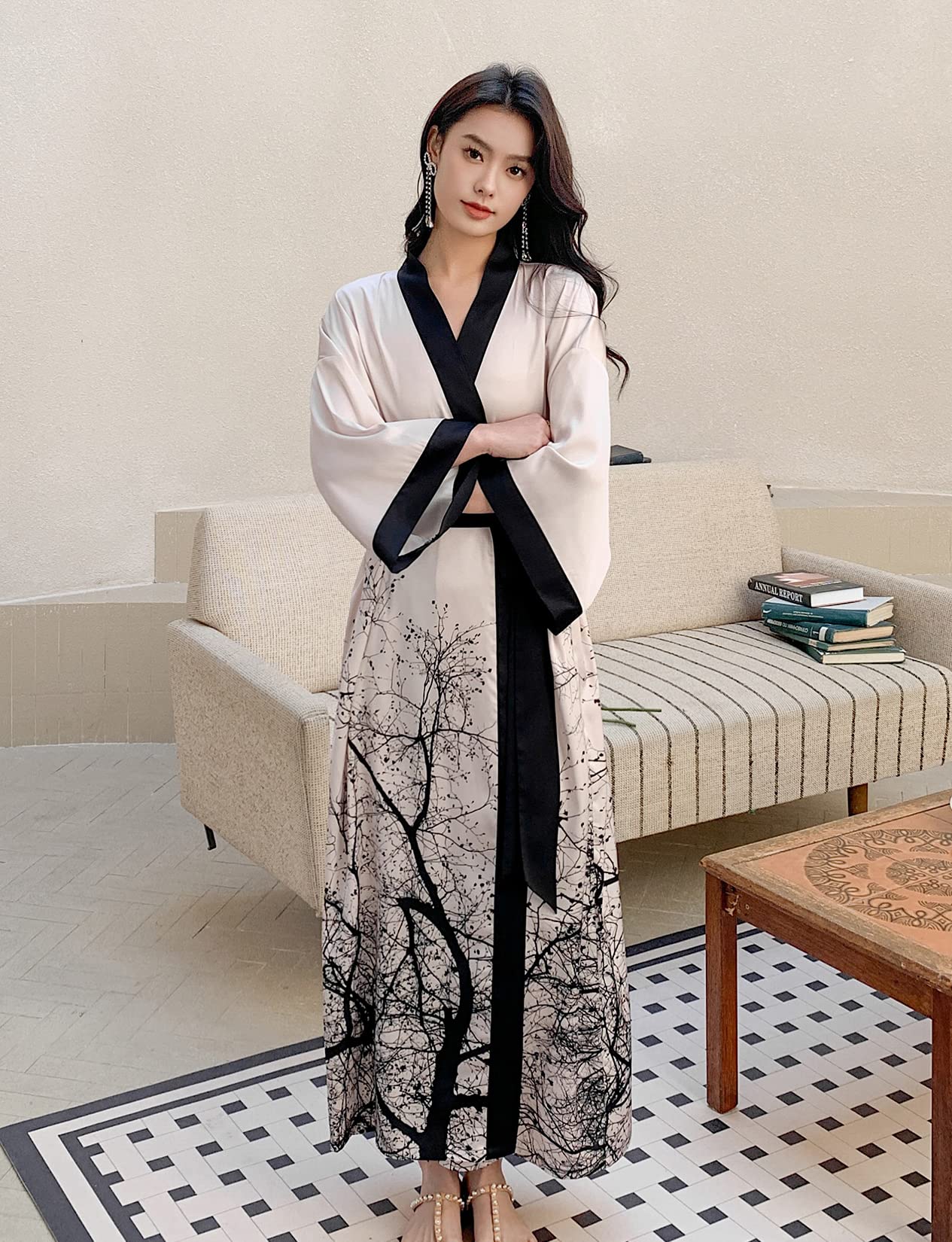 Kimono long en satin pour femme - Imprimé floral