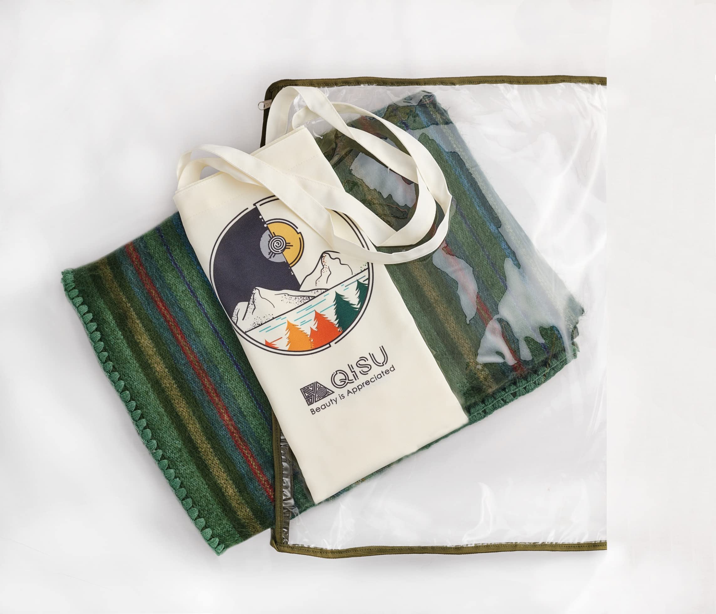 QISU Manta de Lana de Alpaca | Grande, Hermosa, cálida, abigarrada | 85 x 65 Pulgadas | Ultrasuave, hipoalergénica y Transpirable | Tela Que no Pica ni Raya (Verde abigarrado)