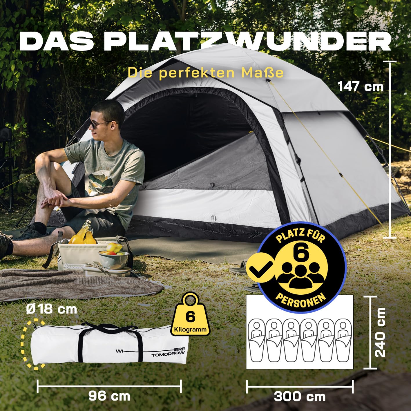 Where Tomorrow Tente Pop-up pour 4 à 6 Personnes - Tente jetable avec Effet de Refroidissement et occultant - Tente de Camping résistante aux intempéries, Pluie, Neige, Vent, Sable - avec Fond Haut