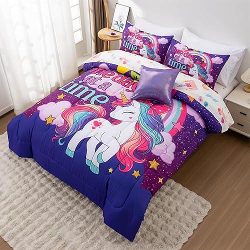Miniatura 4 de Aimuan Juego de edredón de unicornio para niñas, juego de ropa de cama de 3 piezas rosa y morado con arco iris, estrella, galaxia, estrellas,