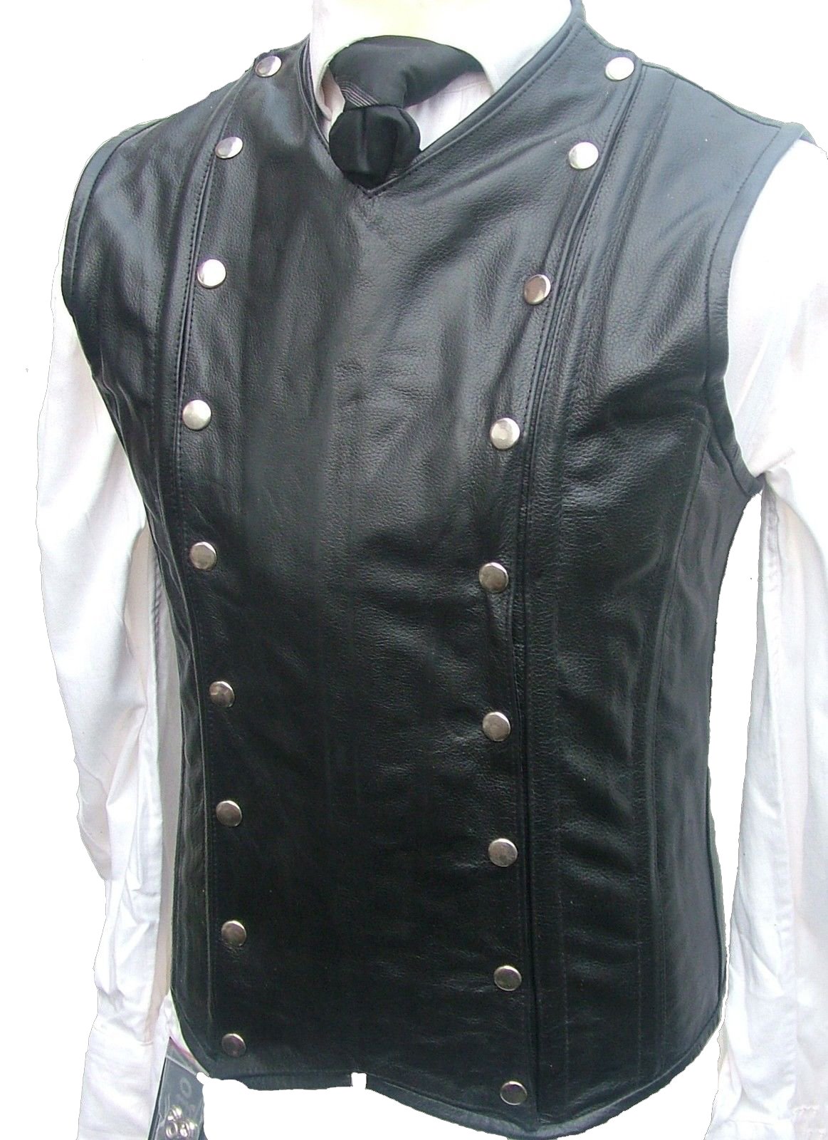 Mens Black Leather Waistcoat Vest Victorian Corset Steel Boned Goth Military