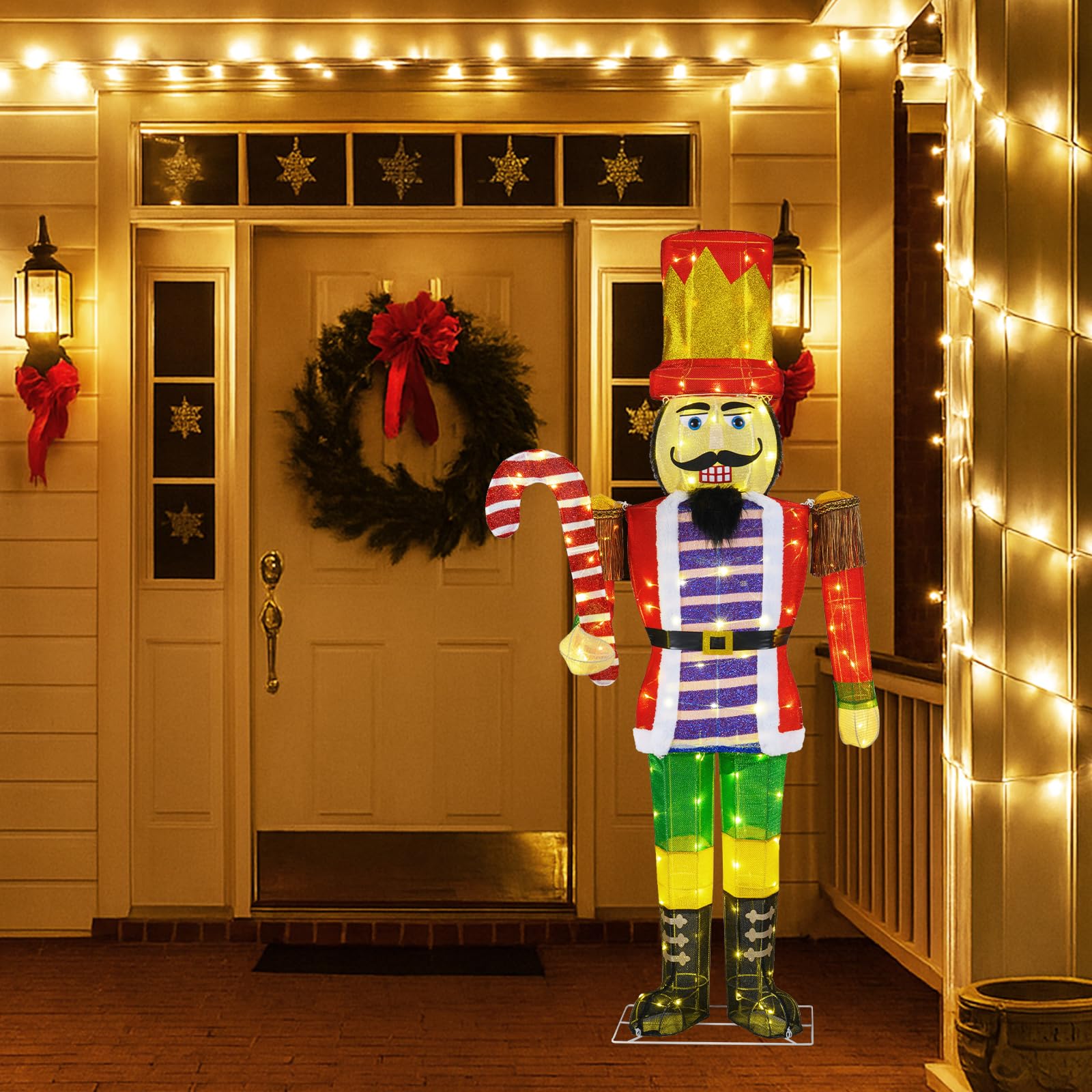 SOARS Weihnachten Nussknacker Figur groß, Weihnachtsdeko aussen XXL, 110 warmweiße LED-Lichter, 170 cm Weihnachtsfigur mit Zuckerstange, Weihnachtsbeleuchtung für außen und innen