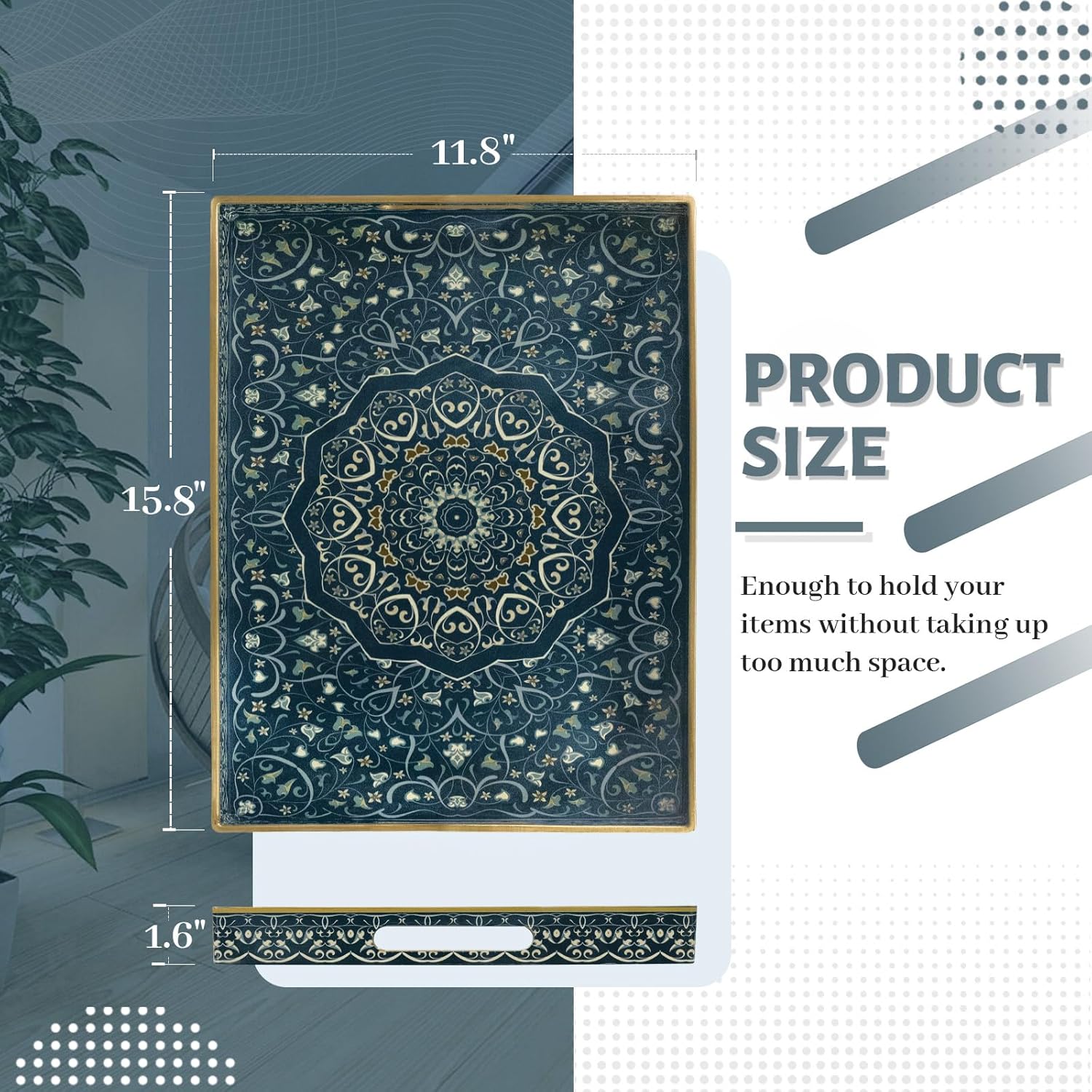 MAONAME Serving Tray with Handles, Plastic Rectangular Tray for Coffee Table, Dark Blue Boho Decorative Trays for Ottoman, Living Room, 15.8" Lx 11.8" W X 1.6" H - Image 2