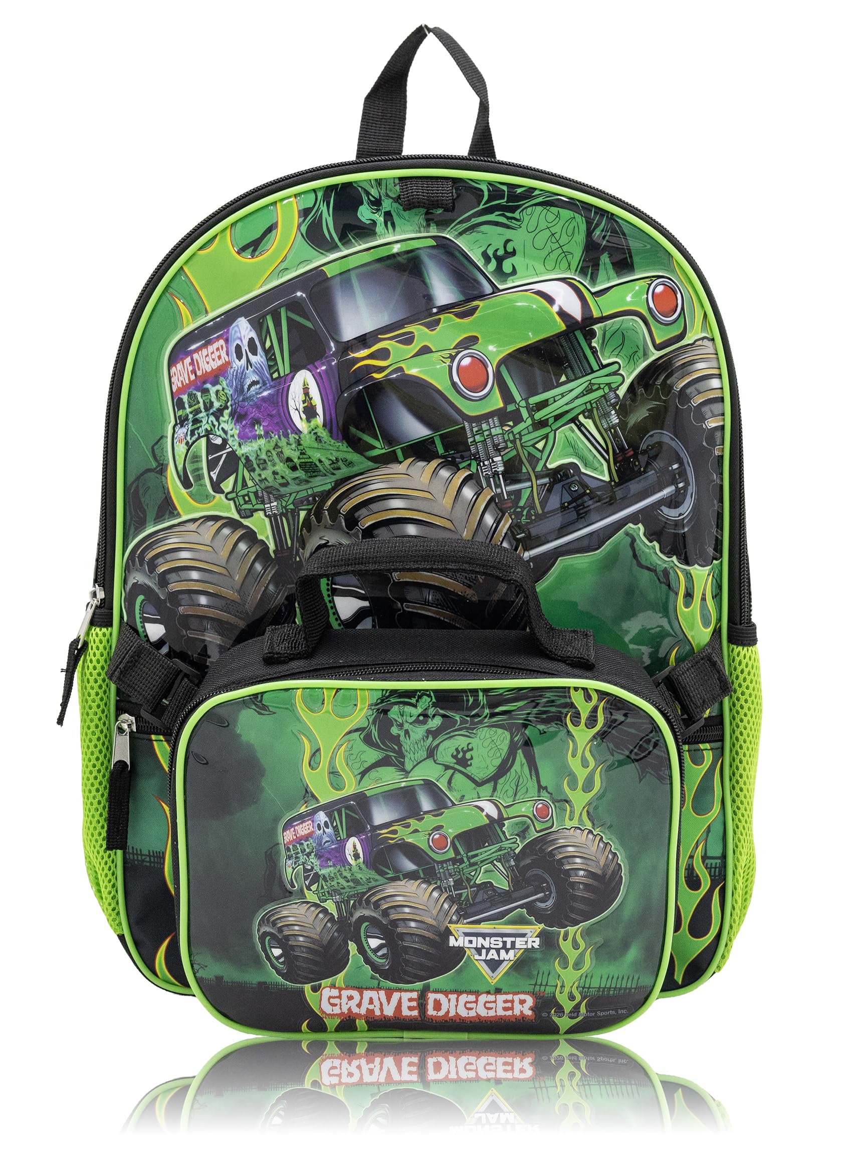 Fast Forward Monster Jam Backpack Set for Boys | 4-Piece Monster Truck Bookbag with Lunch Bag, Headphones, and Dangle | Grave Digger Kids School Backpack | Ages 3+