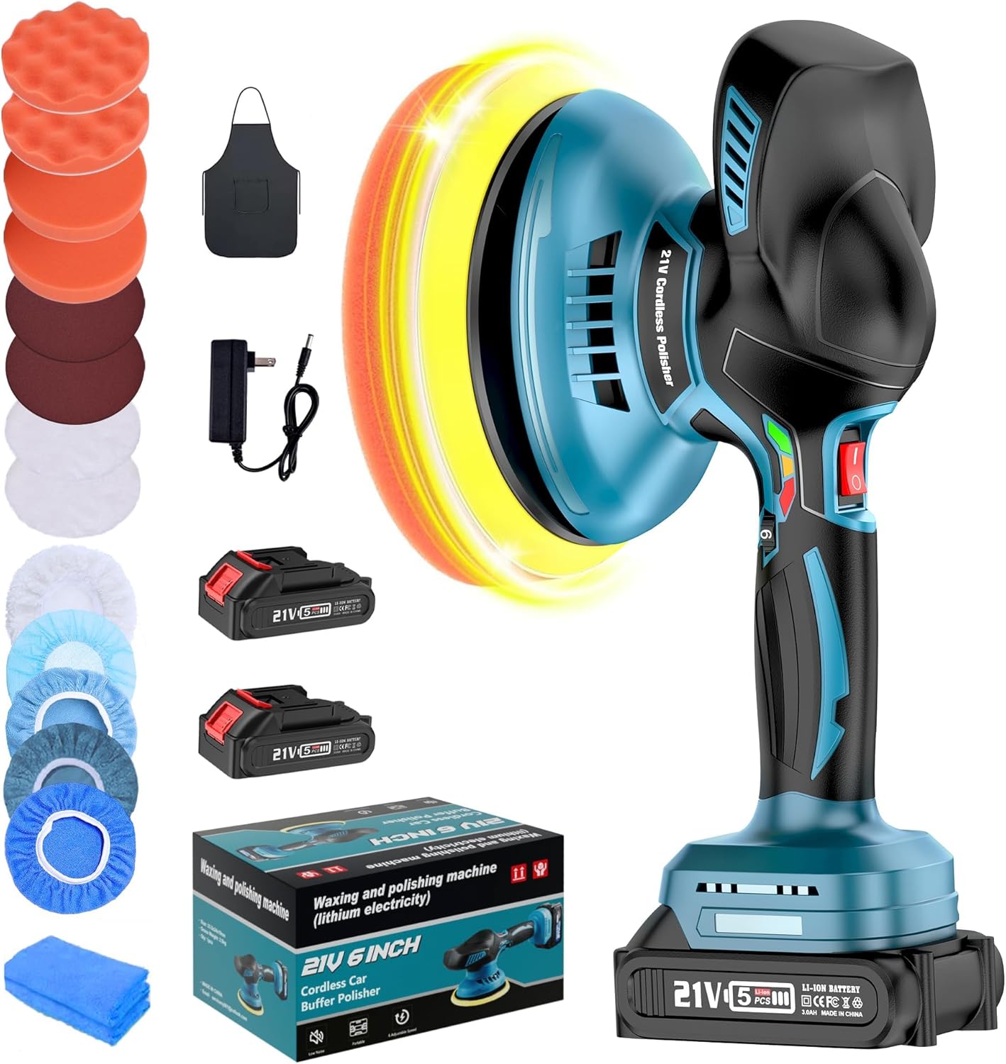 Cordless Car Buffer Polisher, 6 Inch Dual Action Polisher Kit With 2Pcs 21V 4.0Ah Rechargeable Battery, 6 Variable Speed 5500RPM Car Buffer Polisher For Car Detailing, Polishing, Waxin