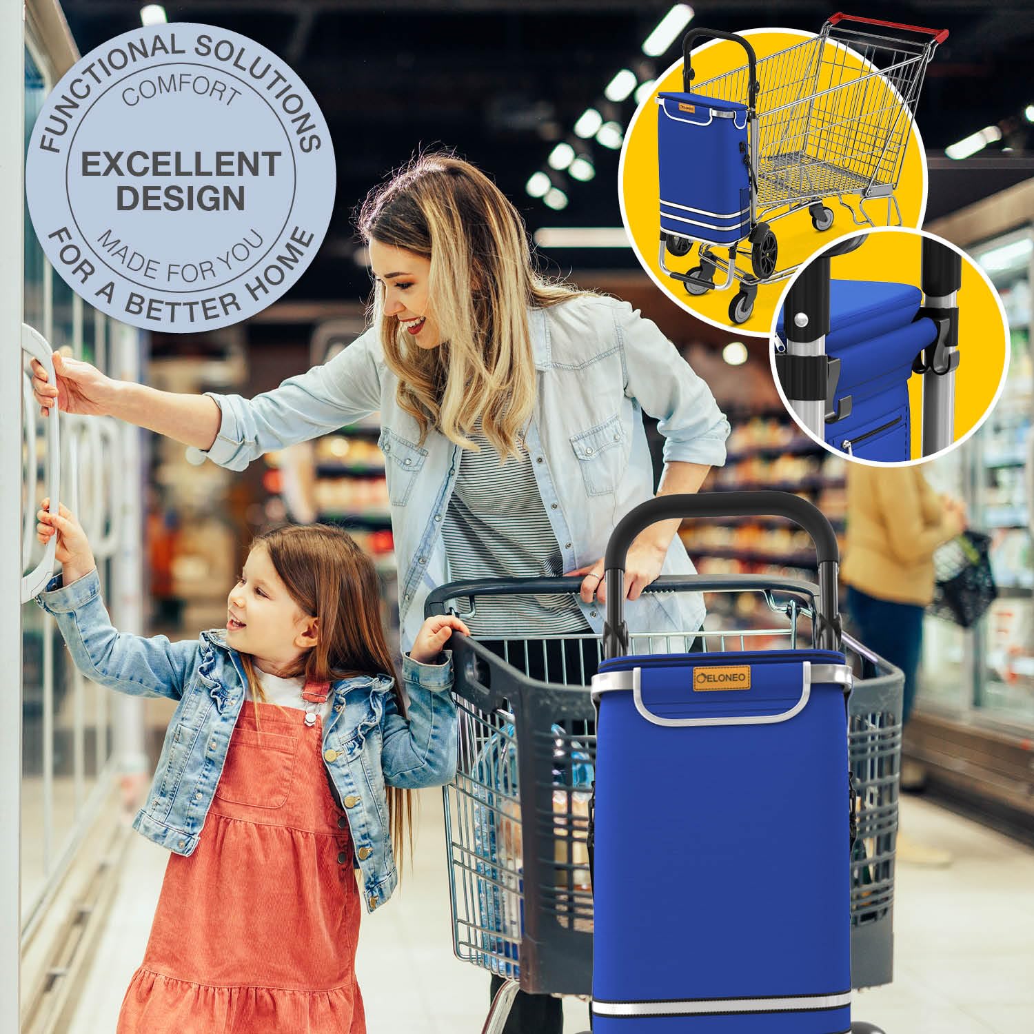 ELONEO Einkaufstrolley klappbar, Einkaufswagen mit Kühlfach, 3in1 Trolley, Sackkarre & Umhängetasche, Einkaufsrollwagen, Shopping Trolley 56L Kapazität & Einkaufschip, Hackenporsche Blau