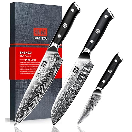 SHAN ZU Damascus Knife Set, Japanese Super Steel 3 PCS Damascus High Carbon Professional Ultra-Sharp Kitchen Chef Knife Set with G10 Handle Gift Box