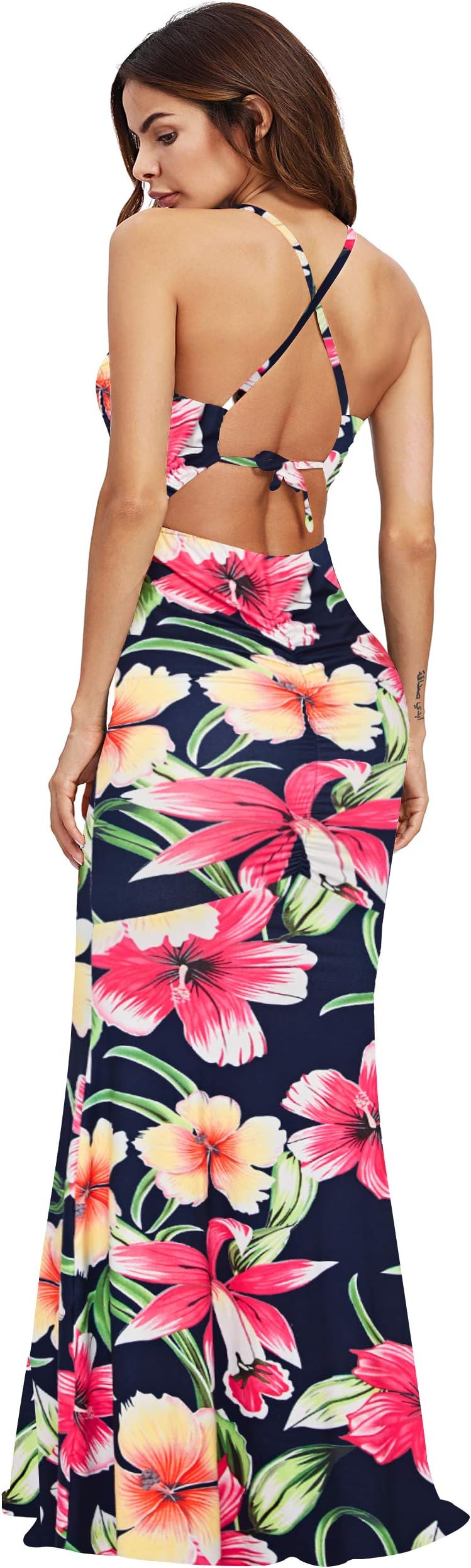 SheIn Women's Sexy Striped Bodycon Maxi Dress Strappy Backless Summer Evening Party Dresses